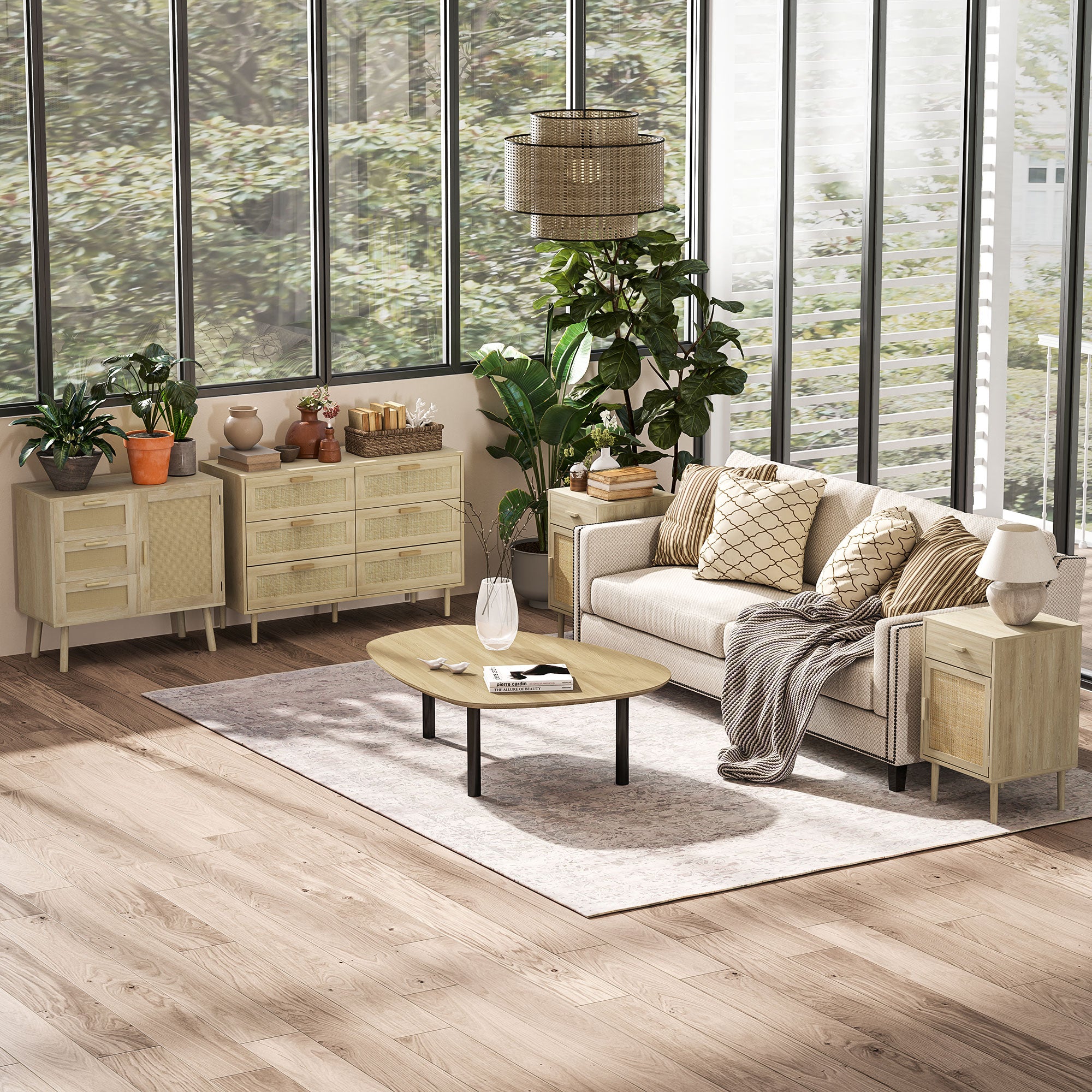 Commode 6 tiroirs meuble de rangement avec tissage en rotin dim. 110L x 40l x 75H cm Aspect Bois Clair