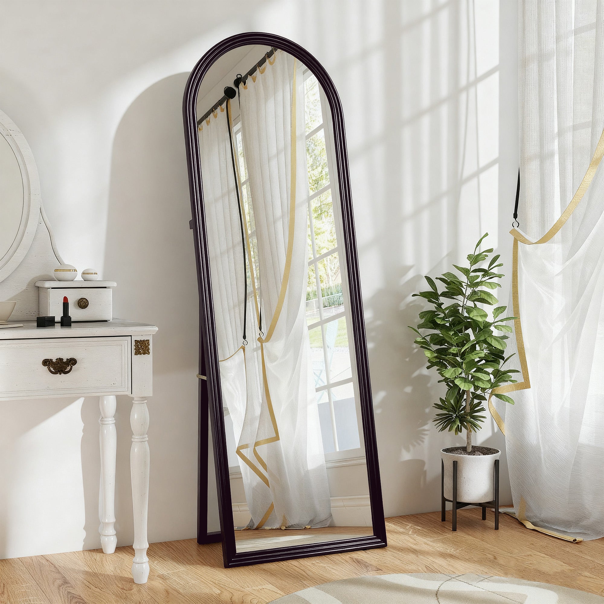 Miroir de sol arqué pleine longueur 53,3 x 162,5 cm - miroir sur pied avec cadre en effet imitation pierre, montage au sol, suspendu ou appuyé contre le mur, pour salon, chambre, marron