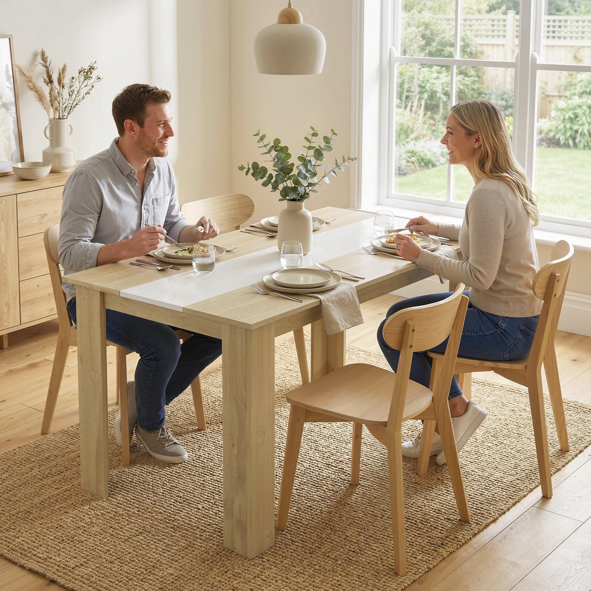 Table à manger rectangulaire pour 4 à 6 personnes, table de cuisine, 120 x 69 x 75 cm, style moderne, pieds triangulaires plus stable, chêne et blanc