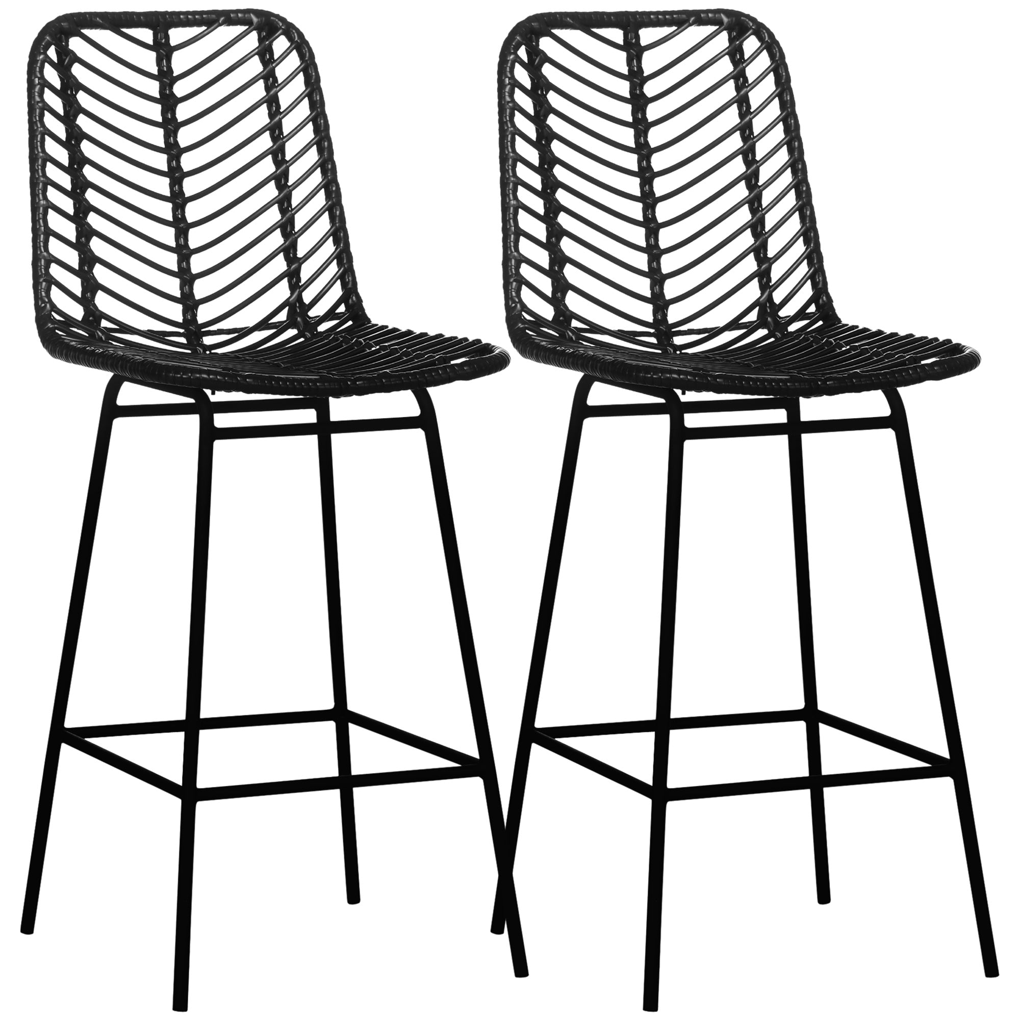 Lot de 2 tabourets de bar chaise de bar design bohème Hauteur 66 cm avec repose-pieds métal et dossier cannage - noir