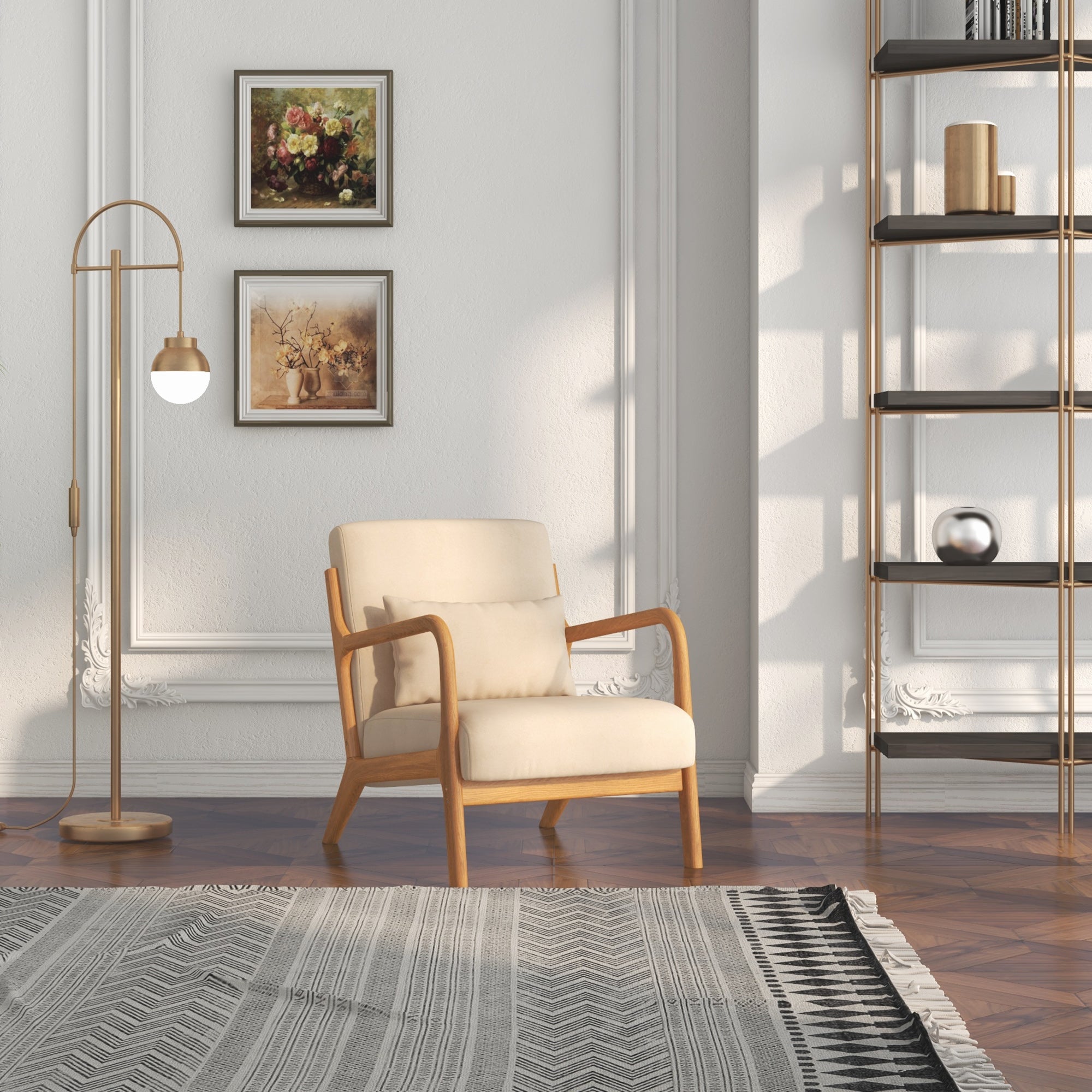 Fauteuil de salon avec cadre en bois massif fauteuil lounge - assise profonde - accoudoirs - aspect velours beige