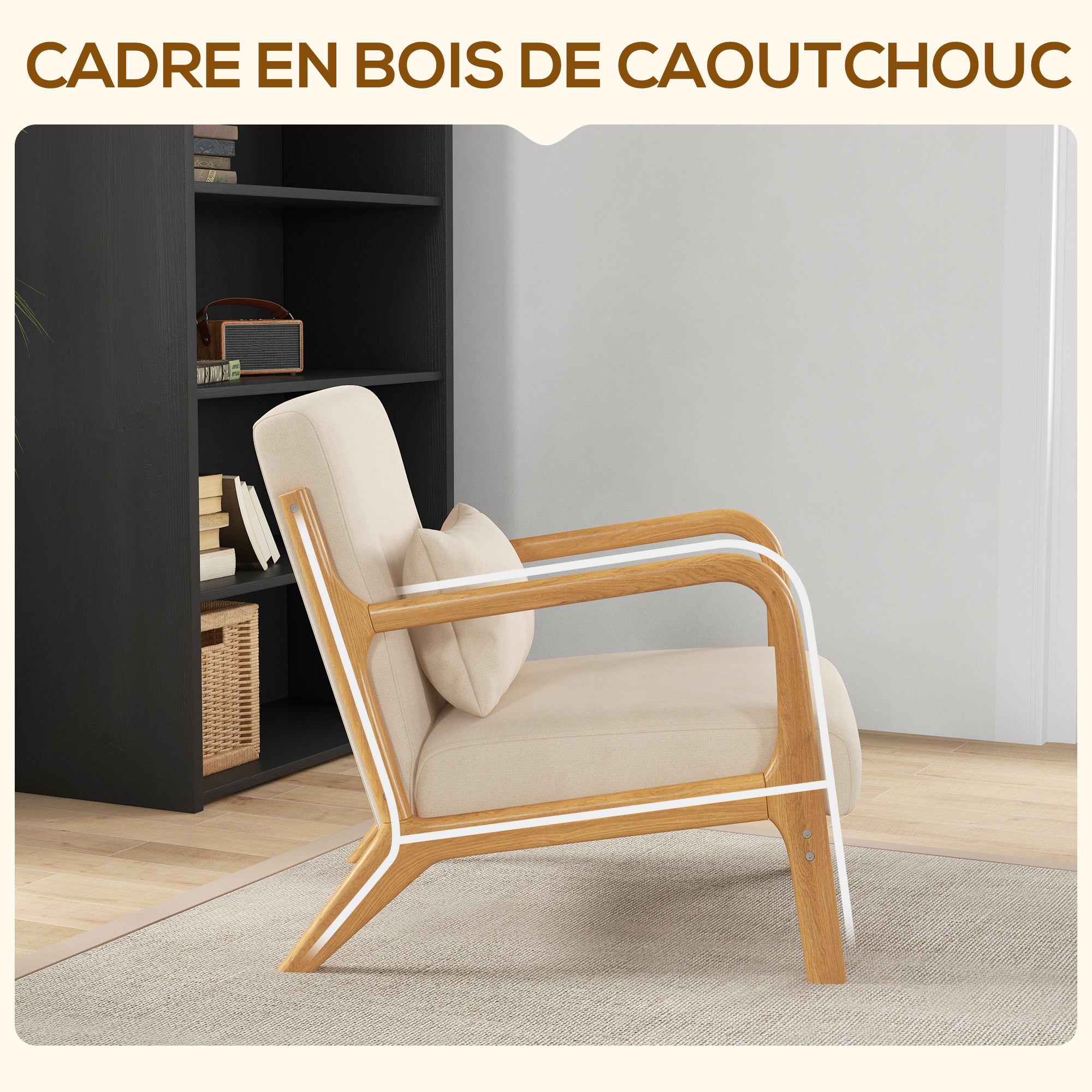 Fauteuil de salon avec cadre en bois massif fauteuil lounge - assise profonde - accoudoirs - aspect velours beige