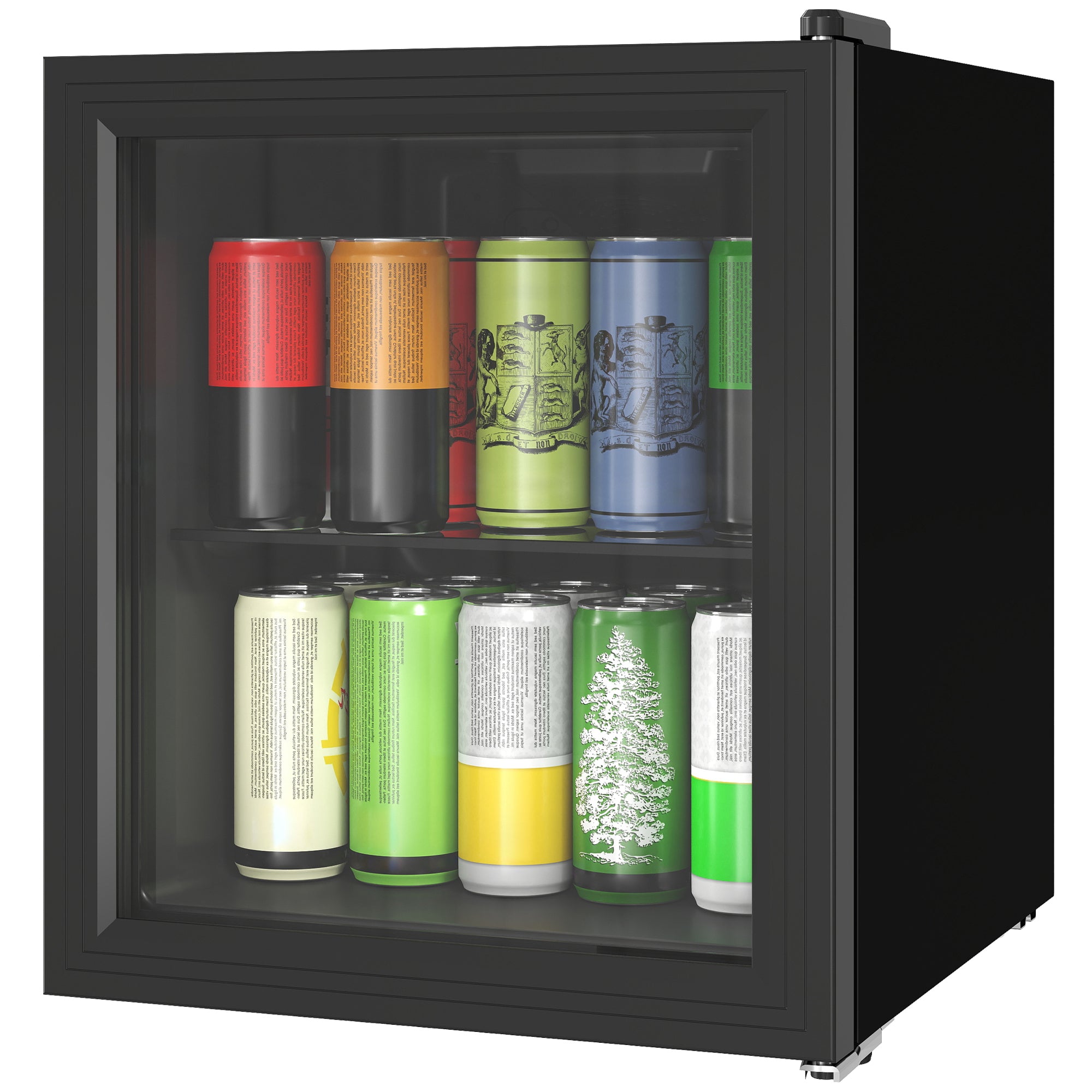 Réfrigérateur à Boissons 46L 59 Canettes, Petit Frigo Silencieux Pose Libre avec Porte en Verre Trempé Double, Étagère en Verre, Éclairage LED, Écran Tactile, pour Chambre Bureau Dortoir, Noir