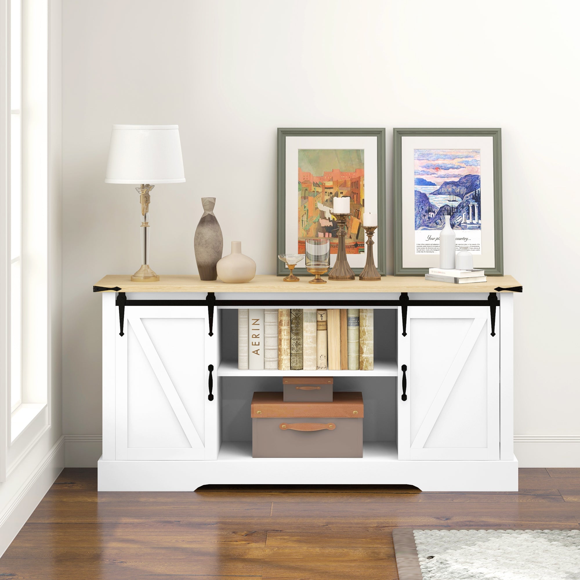Buffet, meuble de rangement, avec 2 portes coulissantes étagères réglables, pour le salon, salle à manger, couloir, 150l x 40P x 72H cm, en bois, blanc chêne