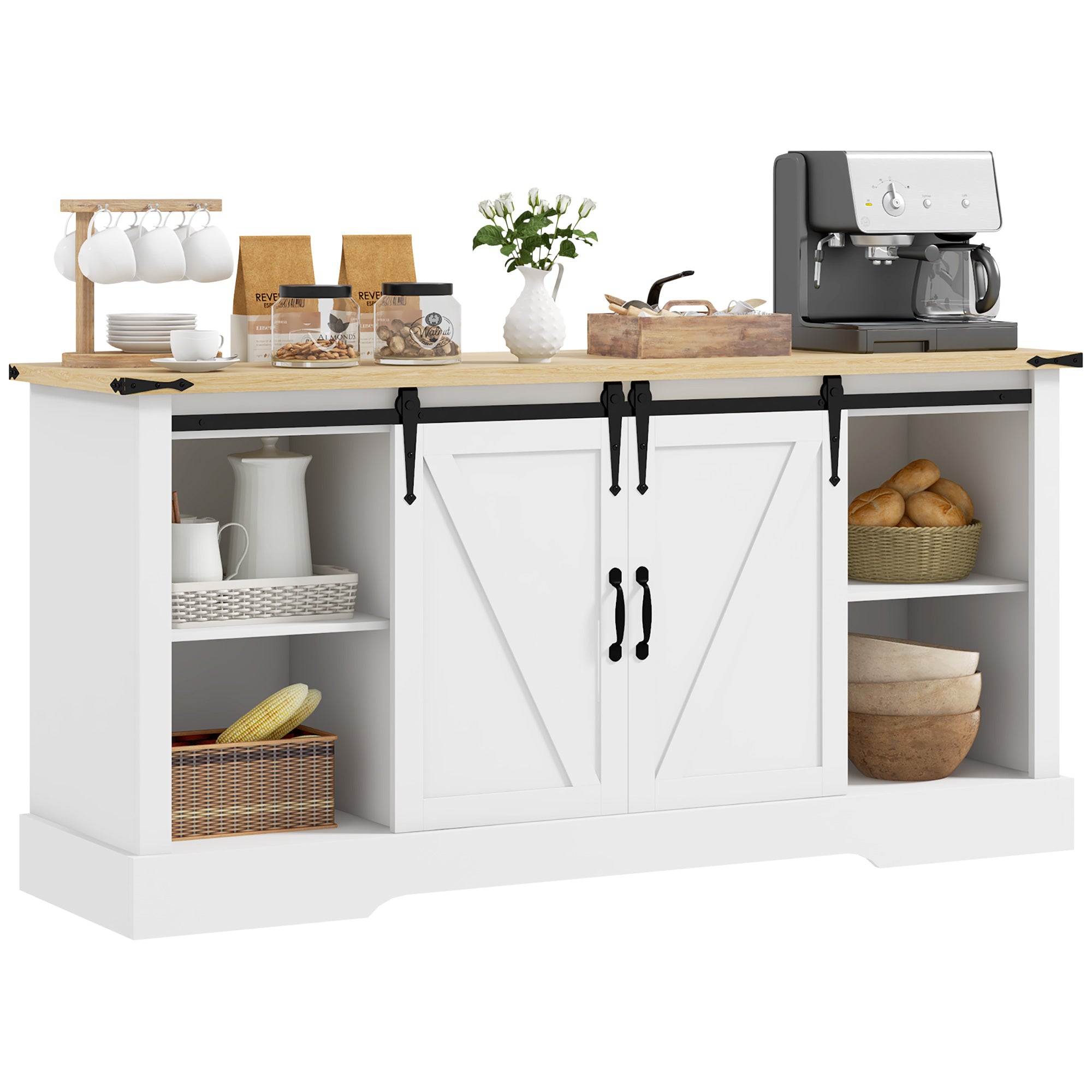 Buffet, meuble de rangement, avec 2 portes coulissantes étagères réglables, pour le salon, salle à manger, couloir, 150l x 40P x 72H cm, en bois, blanc chêne