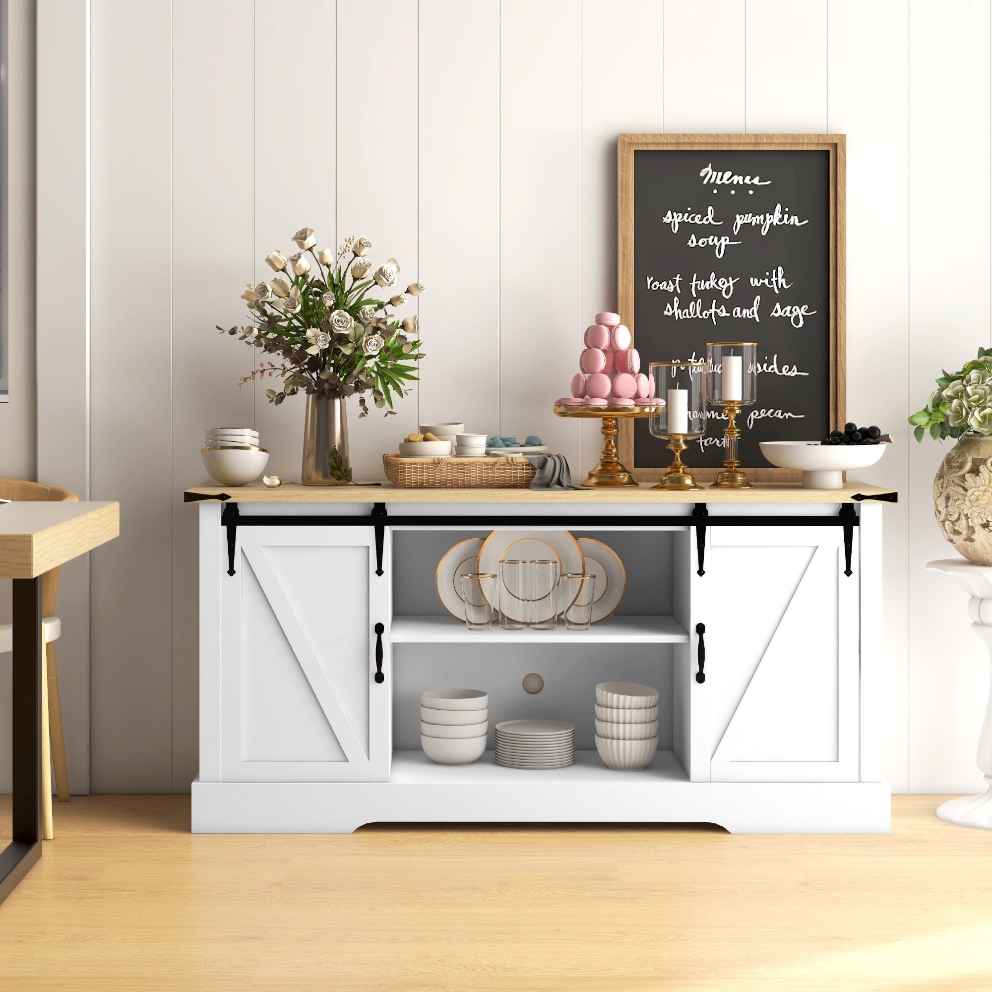 Buffet, meuble de rangement, avec 2 portes coulissantes étagères réglables, pour le salon, salle à manger, couloir, 150l x 40P x 72H cm, en bois, blanc chêne