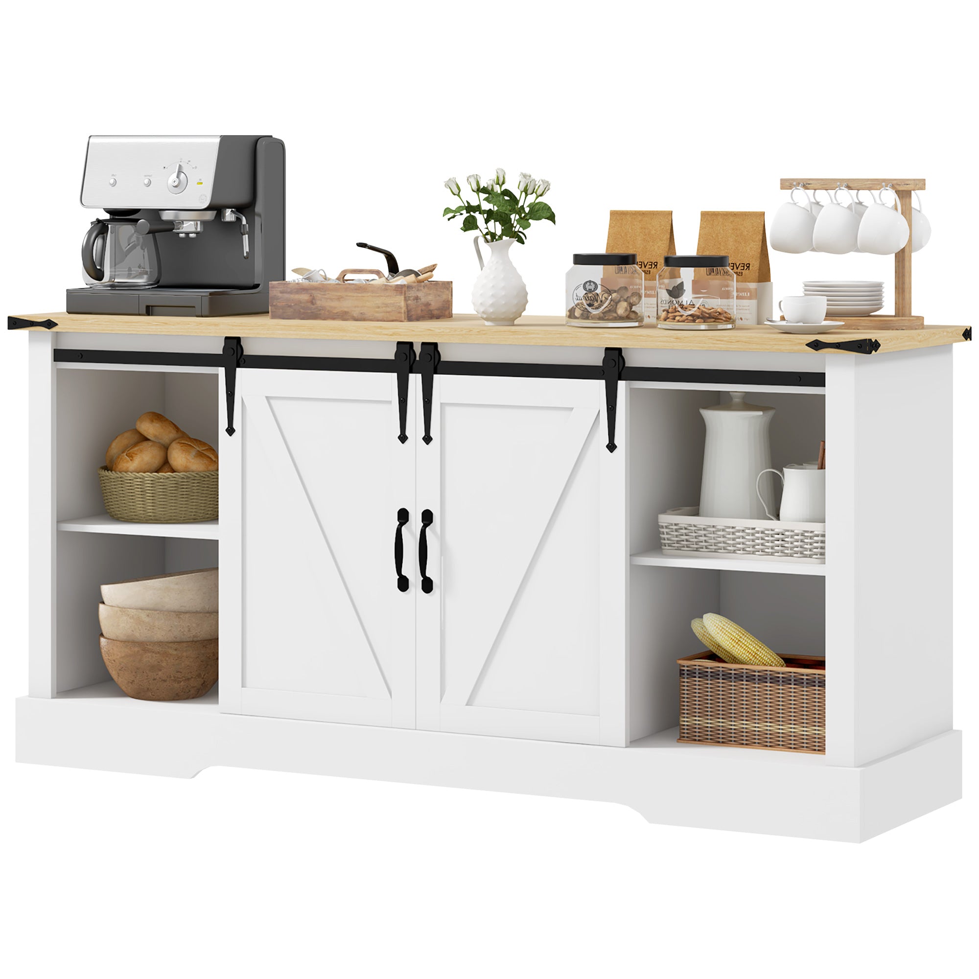 Buffet, meuble de rangement, avec 2 portes coulissantes étagères réglables, pour le salon, salle à manger, couloir, 150l x 40P x 72H cm, en bois, blanc chêne