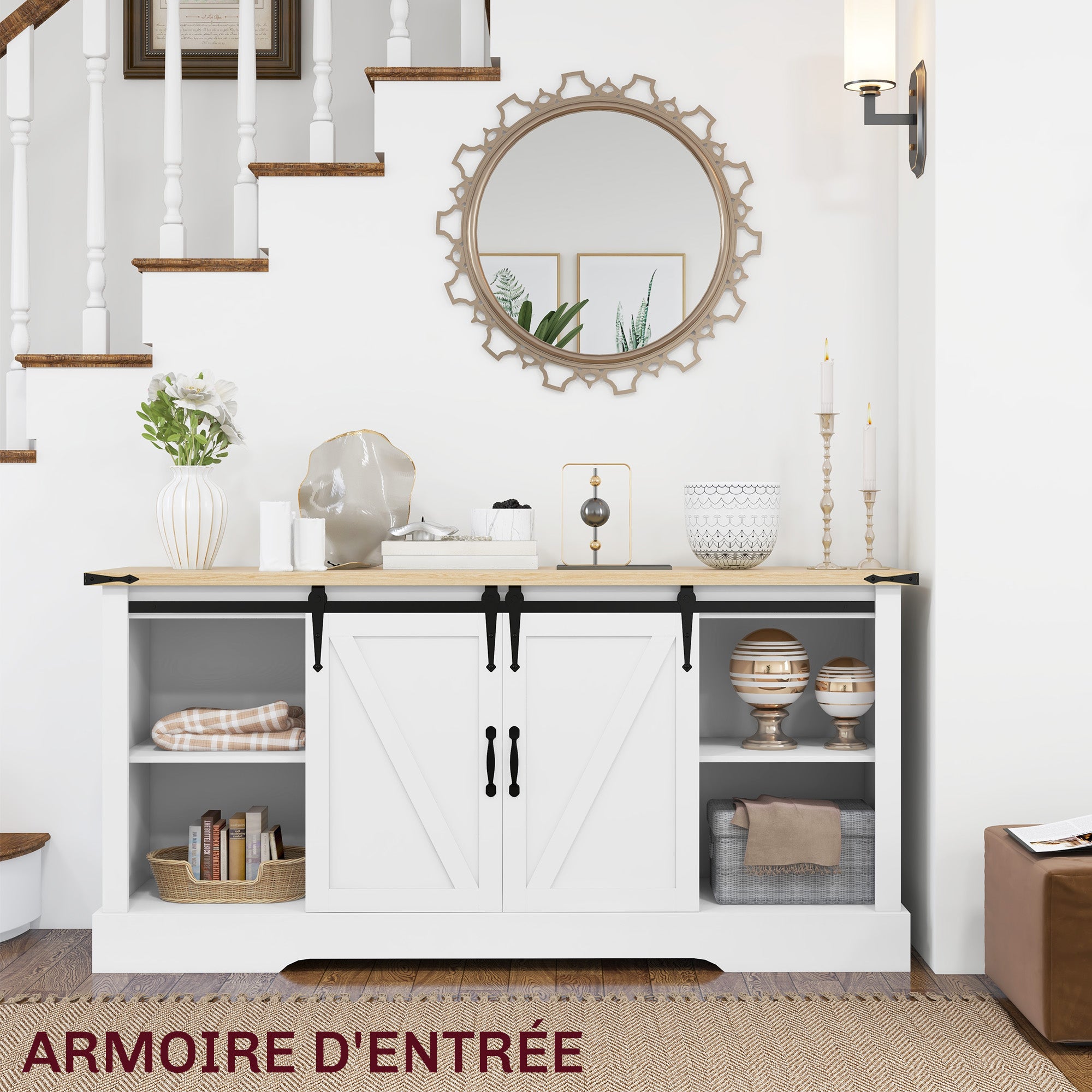 Buffet, meuble de rangement, avec 2 portes coulissantes étagères réglables, pour le salon, salle à manger, couloir, 150l x 40P x 72H cm, en bois, blanc chêne