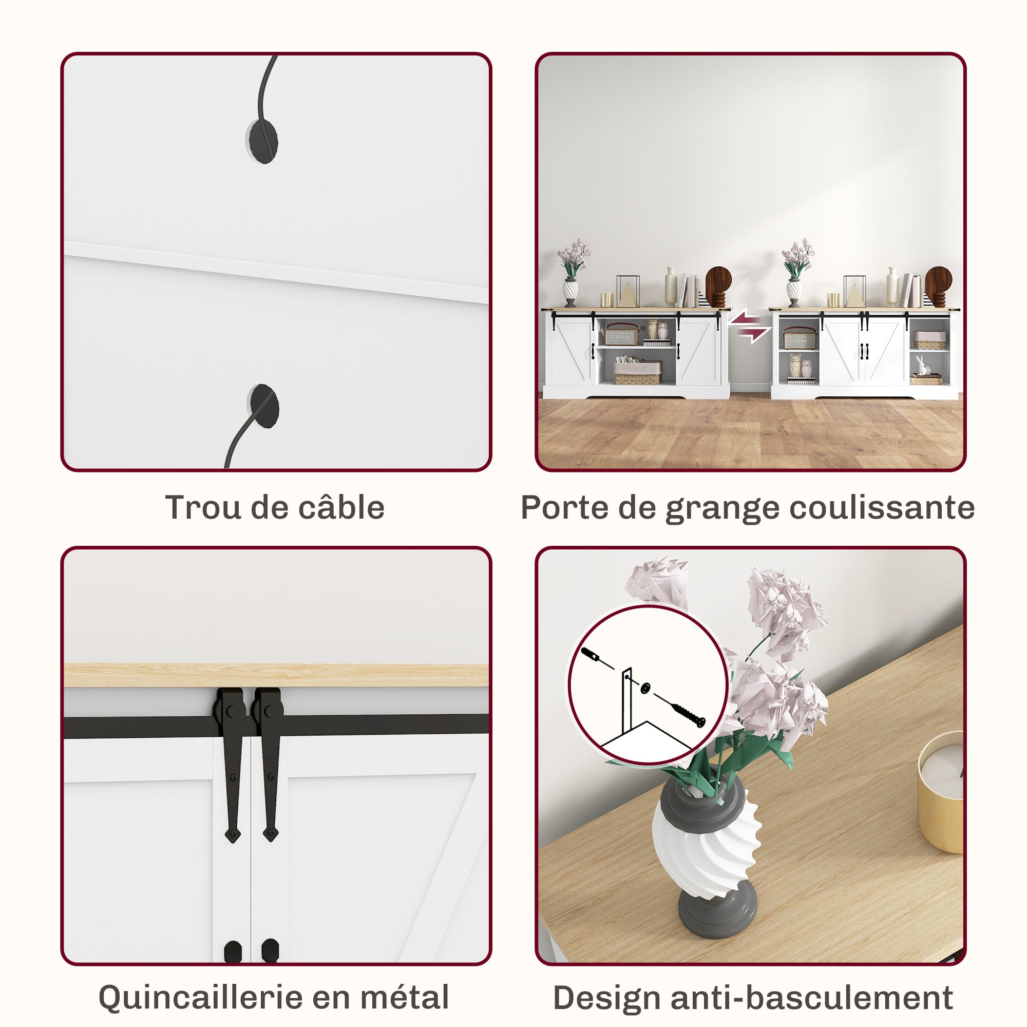 Buffet, meuble de rangement, avec 2 portes coulissantes étagères réglables, pour le salon, salle à manger, couloir, 150l x 40P x 72H cm, en bois, blanc chêne
