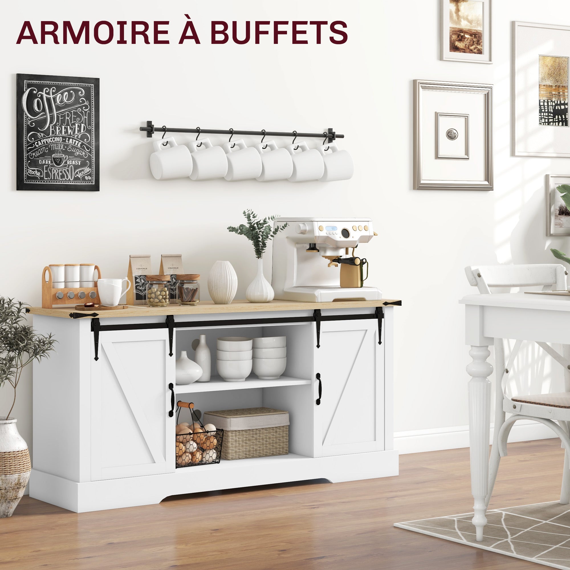Buffet, meuble de rangement, avec 2 portes coulissantes étagères réglables, pour le salon, salle à manger, couloir, 150l x 40P x 72H cm, en bois, blanc chêne