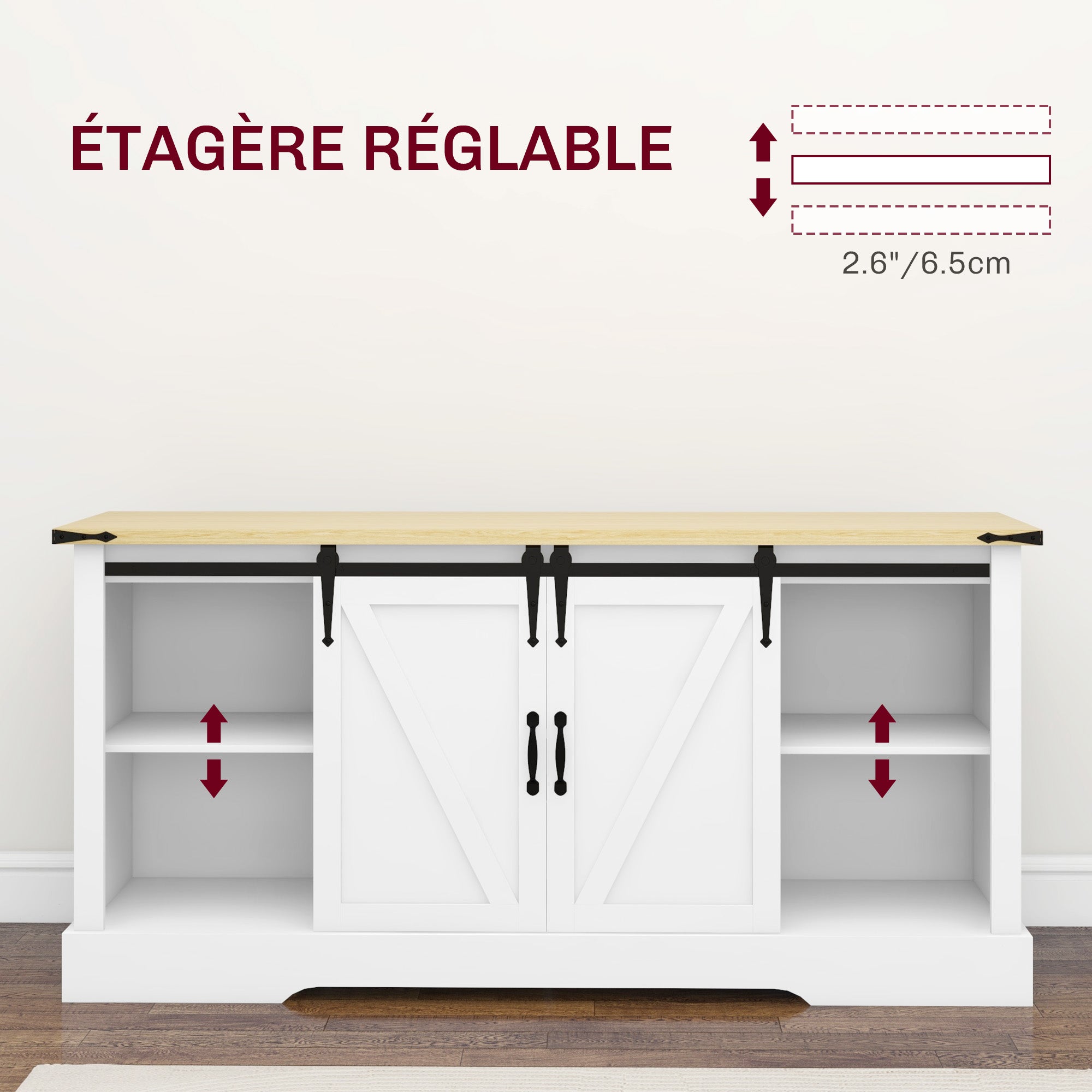 Buffet, meuble de rangement, avec 2 portes coulissantes étagères réglables, pour le salon, salle à manger, couloir, 150l x 40P x 72H cm, en bois, blanc chêne