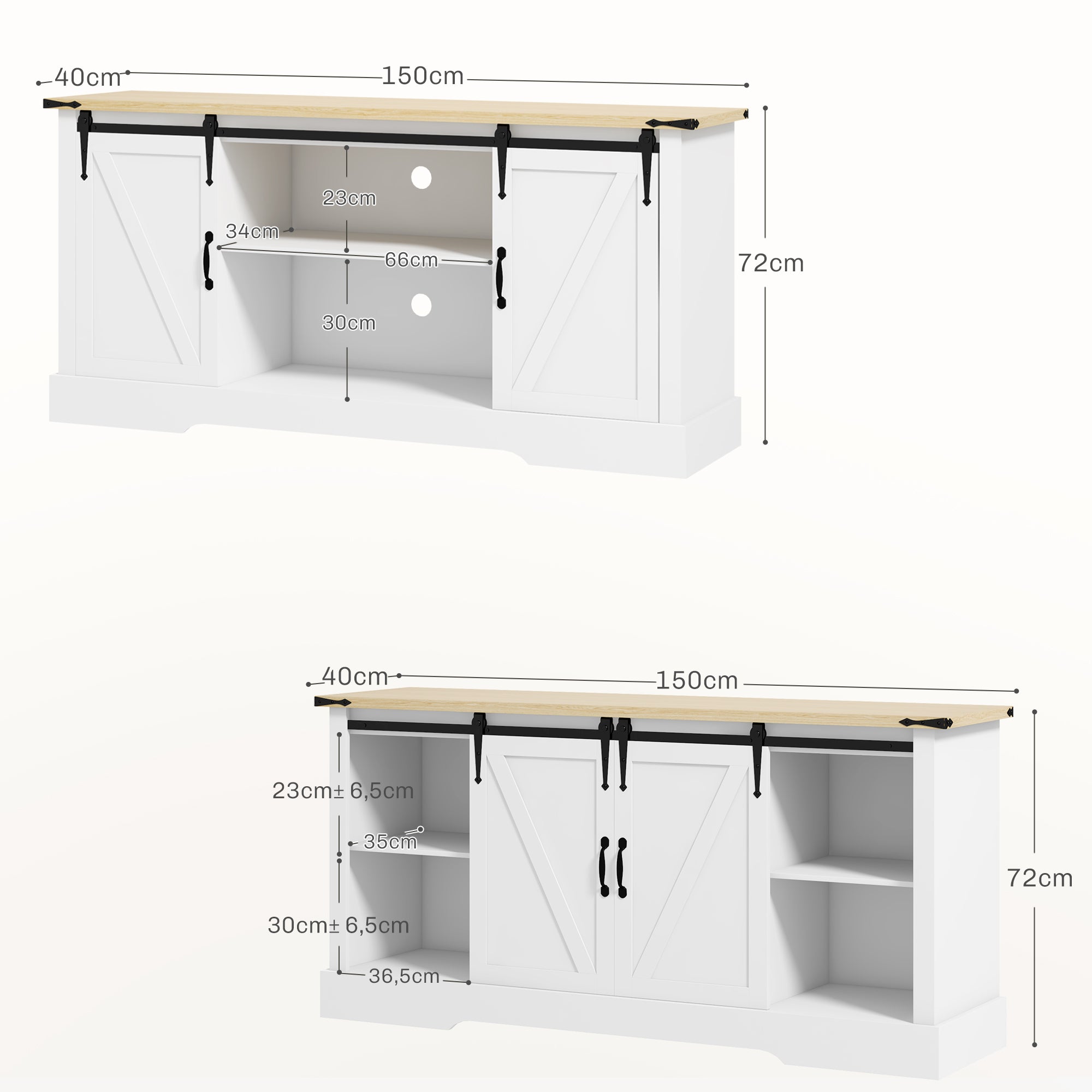 Buffet, meuble de rangement, avec 2 portes coulissantes étagères réglables, pour le salon, salle à manger, couloir, 150l x 40P x 72H cm, en bois, blanc chêne