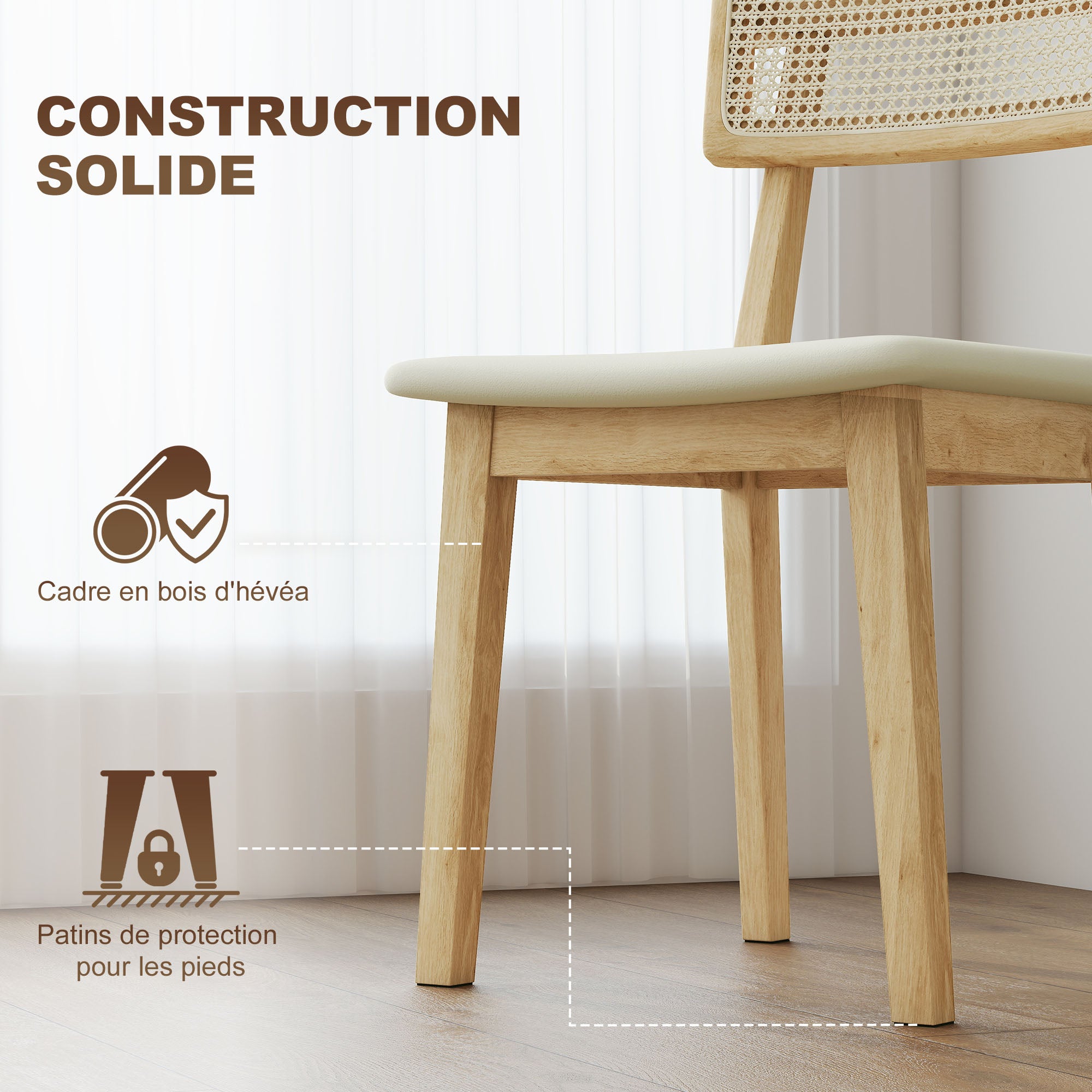 Lot de 2 chaises de salle à manger, chaises de cuisine modernes avec dossier effet rotin, cadre en bois d'hévéa, pour salon, chambre, cuisine, effet bois naturel