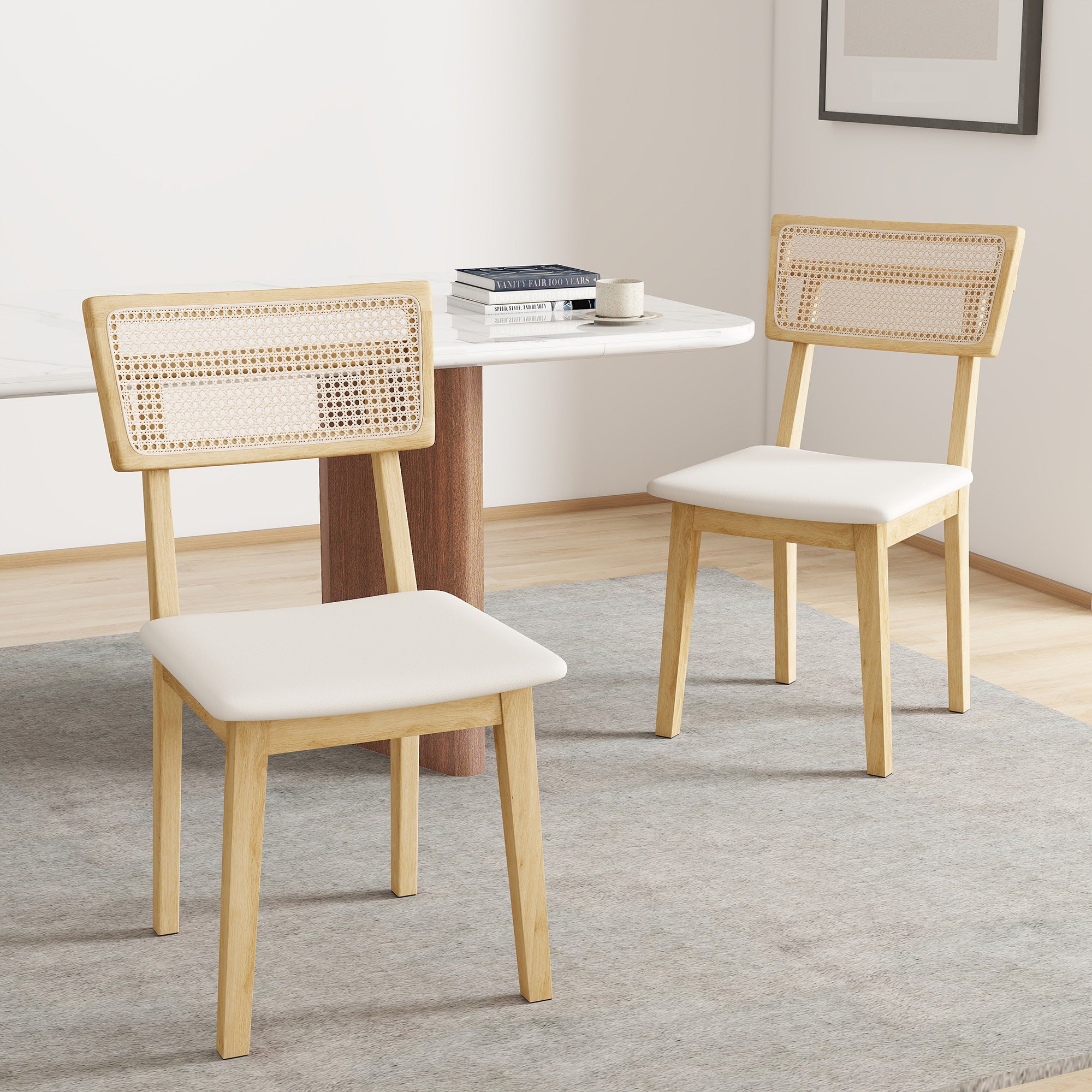 Lot de 2 chaises de salle à manger, chaises de cuisine modernes avec dossier effet rotin, cadre en bois d'hévéa, pour salon, chambre, cuisine, effet bois naturel