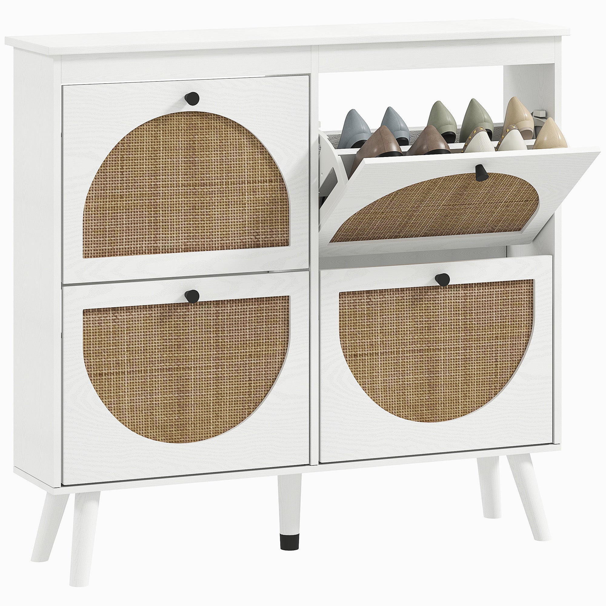 Meuble à chaussures armoire à chaussures 4 abattants 20 paires avec étagère réglable style bohème pieds en bois massif 105 x 24 x 97,5 cm blanc