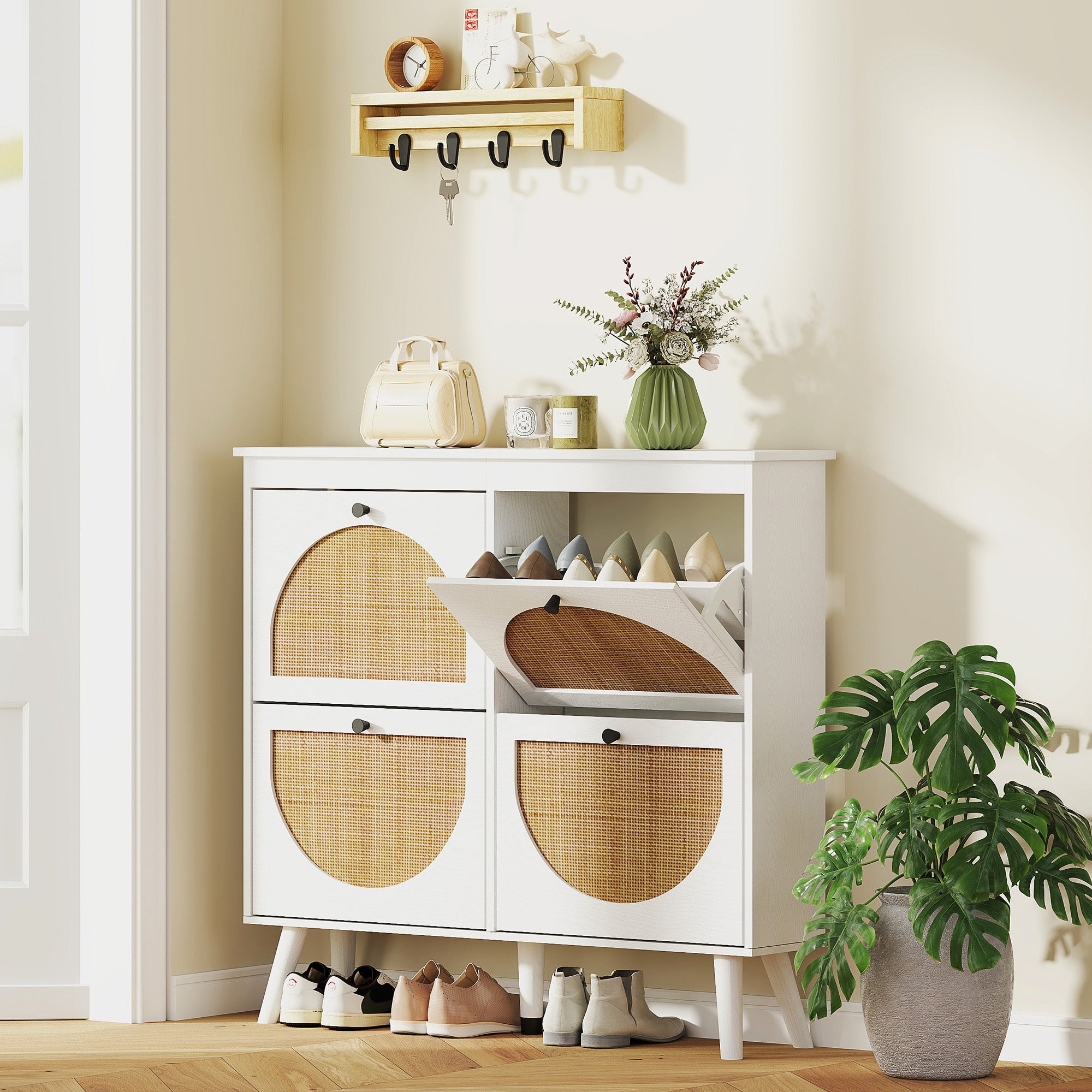 Meuble à chaussures armoire à chaussures 4 abattants 20 paires avec étagère réglable style bohème pieds en bois massif 105 x 24 x 97,5 cm blanc