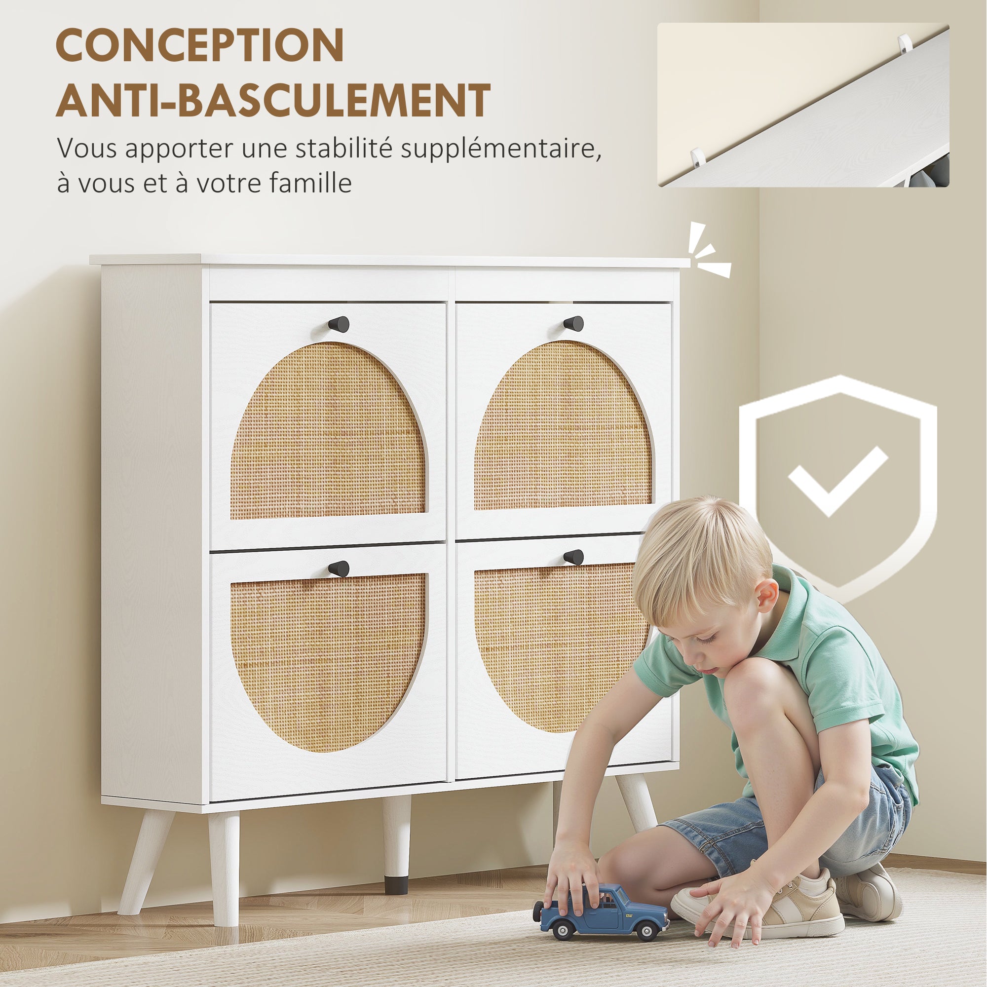 Meuble à chaussures armoire à chaussures 4 abattants 20 paires avec étagère réglable style bohème pieds en bois massif 105 x 24 x 97,5 cm blanc