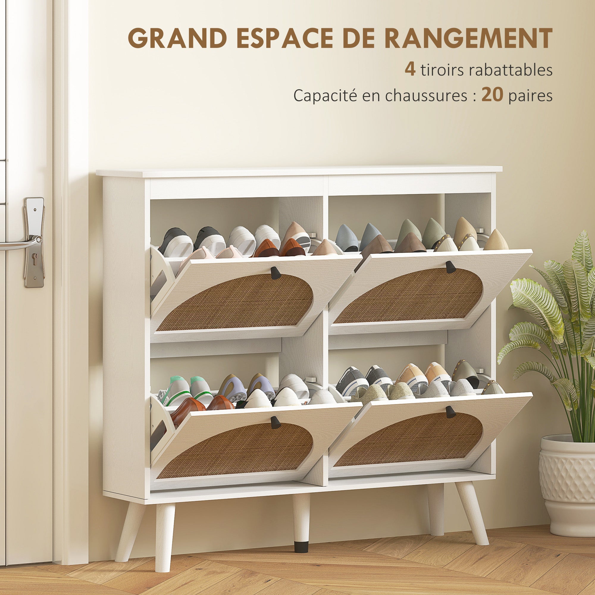 Meuble à chaussures armoire à chaussures 4 abattants 20 paires avec étagère réglable style bohème pieds en bois massif 105 x 24 x 97,5 cm blanc