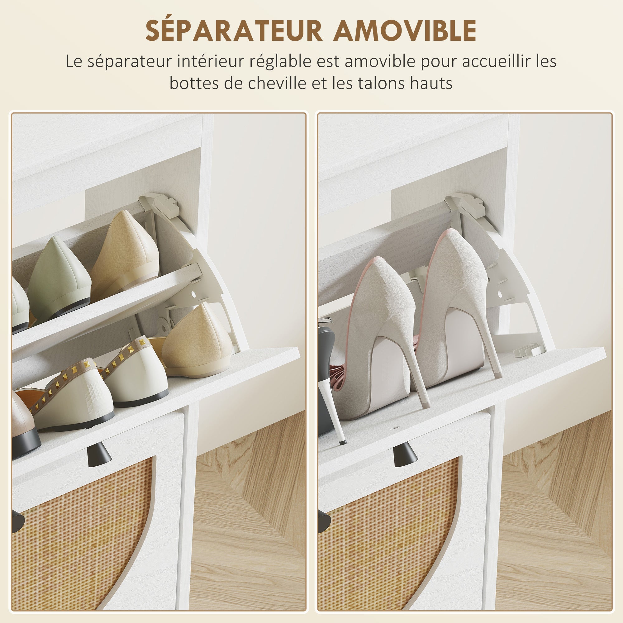 Meuble à chaussures armoire à chaussures 4 abattants 20 paires avec étagère réglable style bohème pieds en bois massif 105 x 24 x 97,5 cm blanc