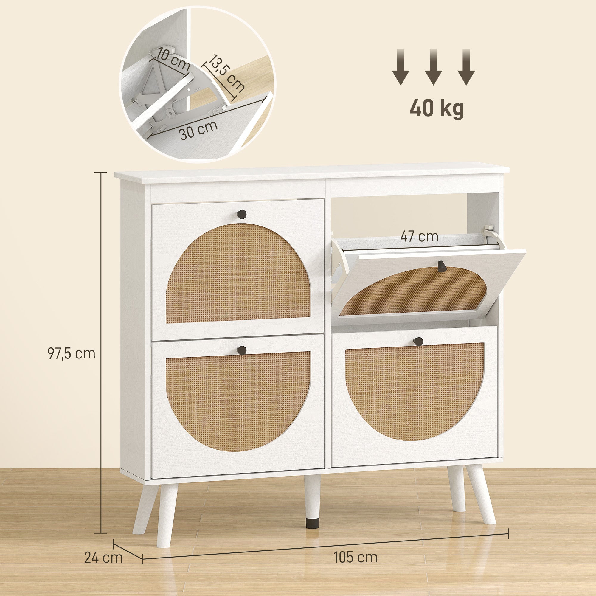 Meuble à chaussures armoire à chaussures 4 abattants 20 paires avec étagère réglable style bohème pieds en bois massif 105 x 24 x 97,5 cm blanc