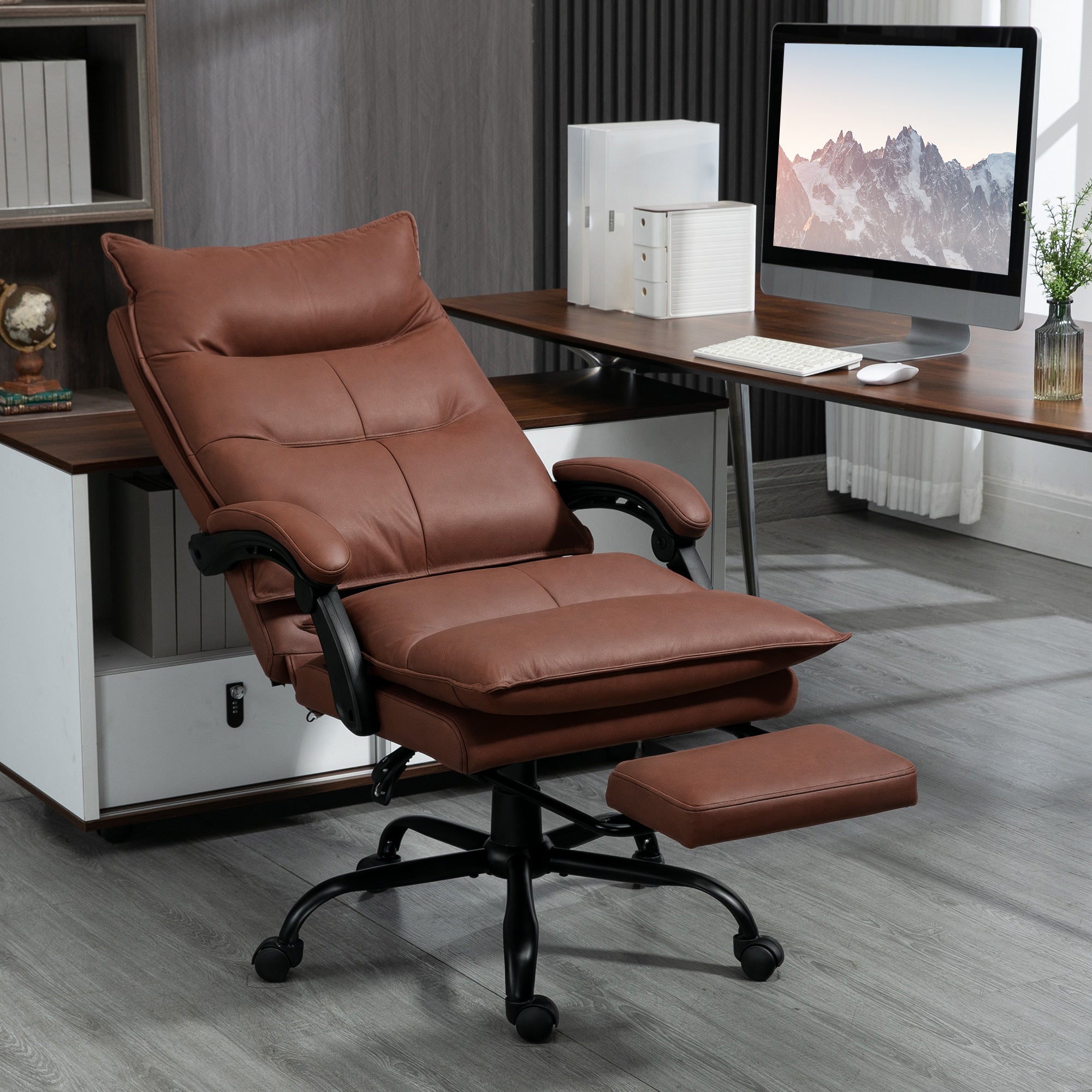 Fauteuil de bureau massant et chauffant, chaise de bureau, chaise ergonomique avec hauteur réglable, dossier inclinable et télécommande filaire, pivotant à 360°, tissu en microfibre, marron