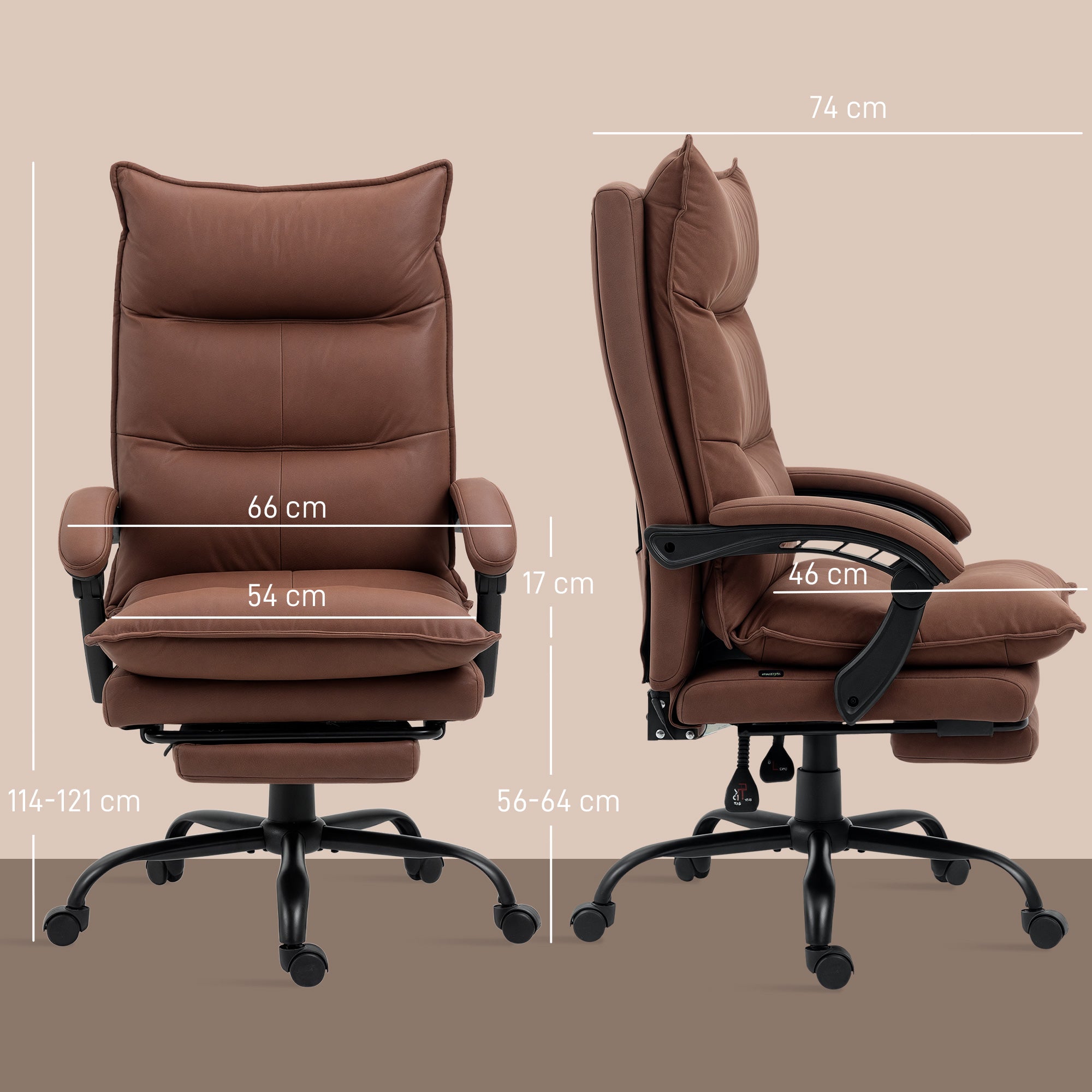 Fauteuil de bureau massant et chauffant, chaise de bureau, chaise ergonomique avec hauteur réglable, dossier inclinable et télécommande filaire, pivotant à 360°, tissu en microfibre, marron