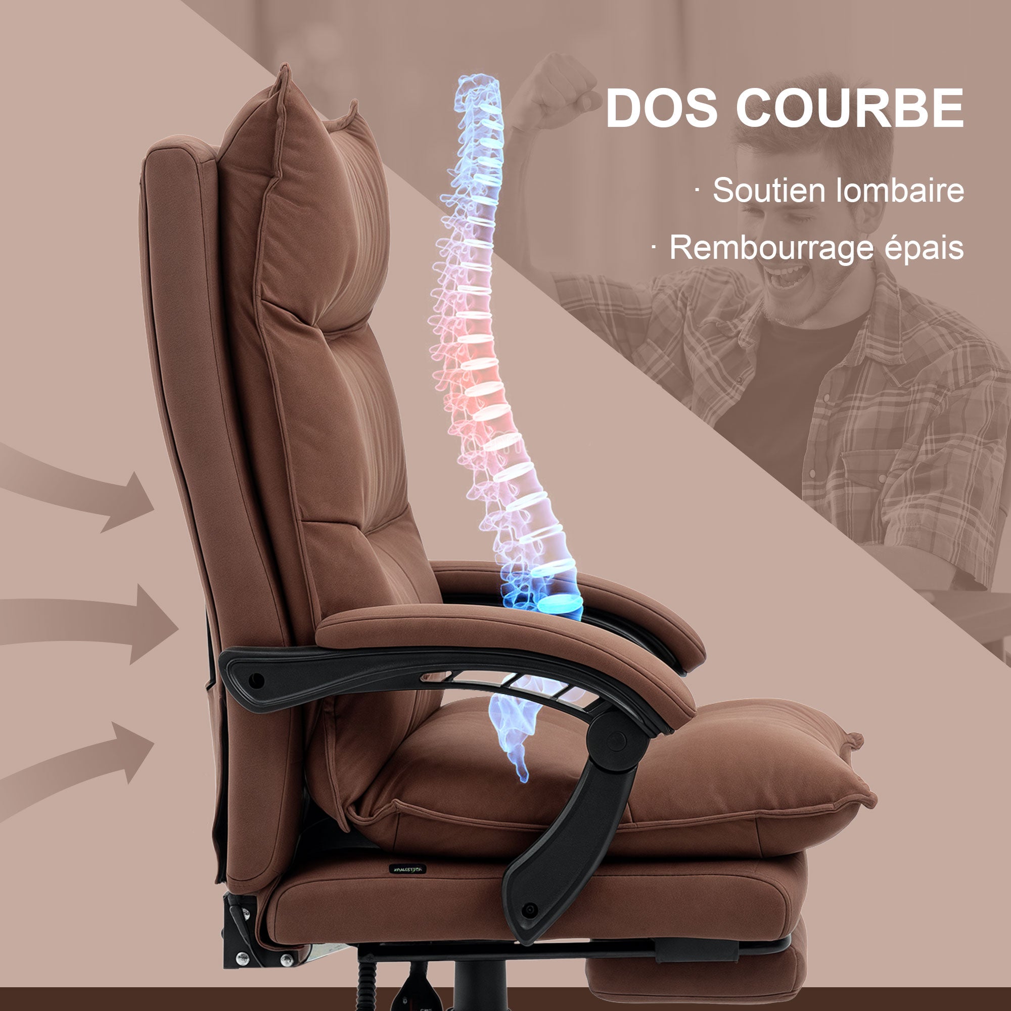 Fauteuil de bureau massant et chauffant, chaise de bureau, chaise ergonomique avec hauteur réglable, dossier inclinable et télécommande filaire, pivotant à 360°, tissu en microfibre, marron