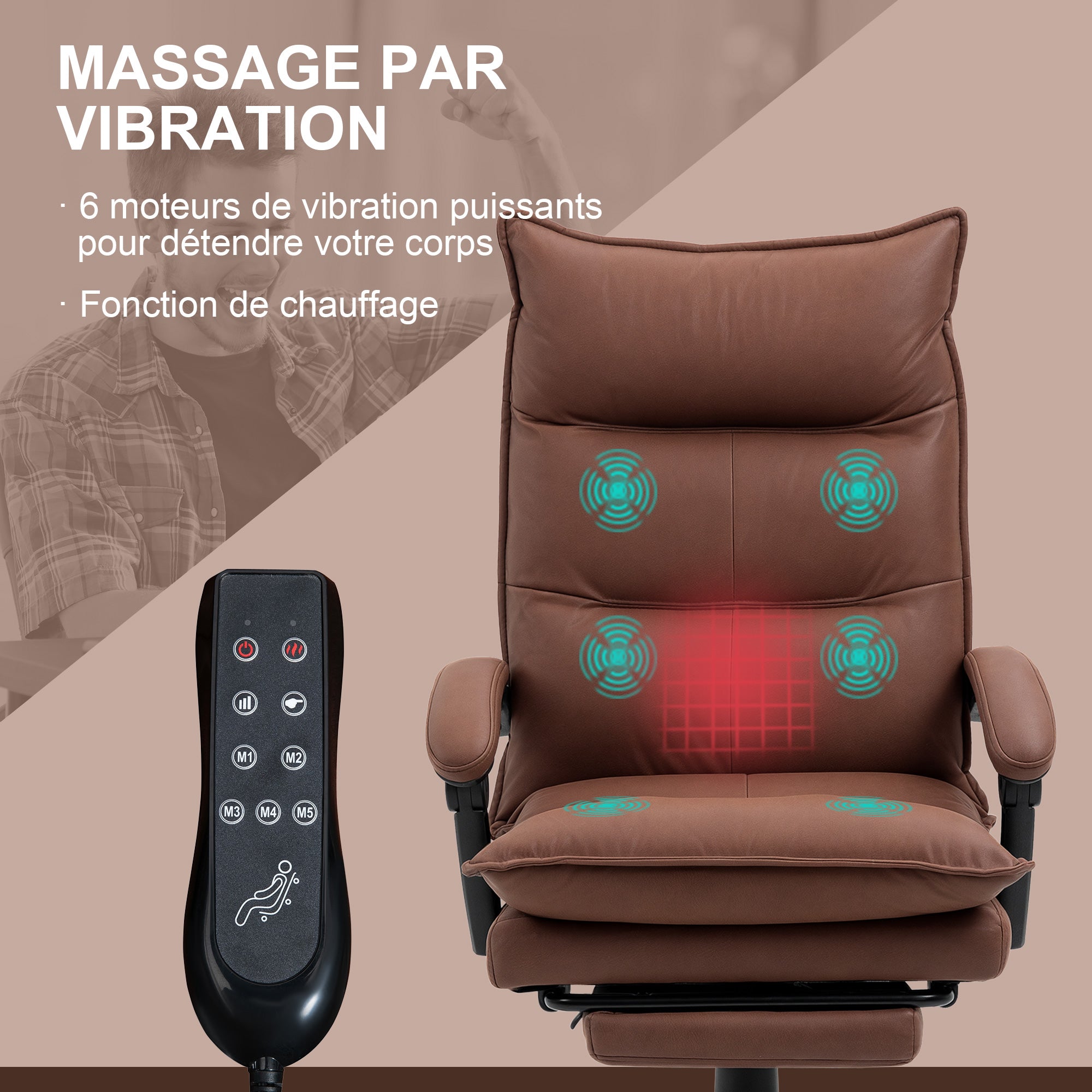 Fauteuil de bureau massant et chauffant, chaise de bureau, chaise ergonomique avec hauteur réglable, dossier inclinable et télécommande filaire, pivotant à 360°, tissu en microfibre, marron