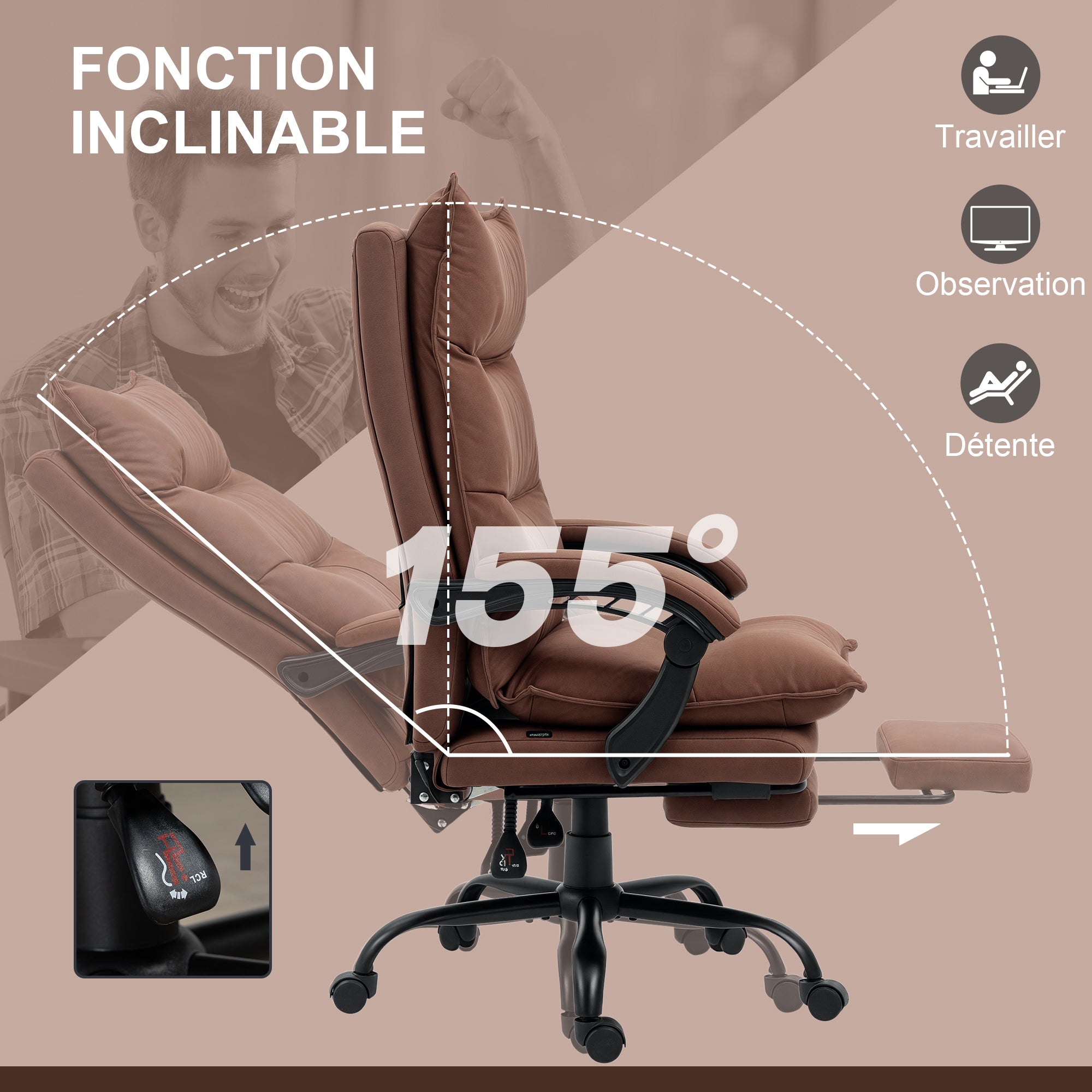 Fauteuil de bureau massant et chauffant, chaise de bureau, chaise ergonomique avec hauteur réglable, dossier inclinable et télécommande filaire, pivotant à 360°, tissu en microfibre, marron