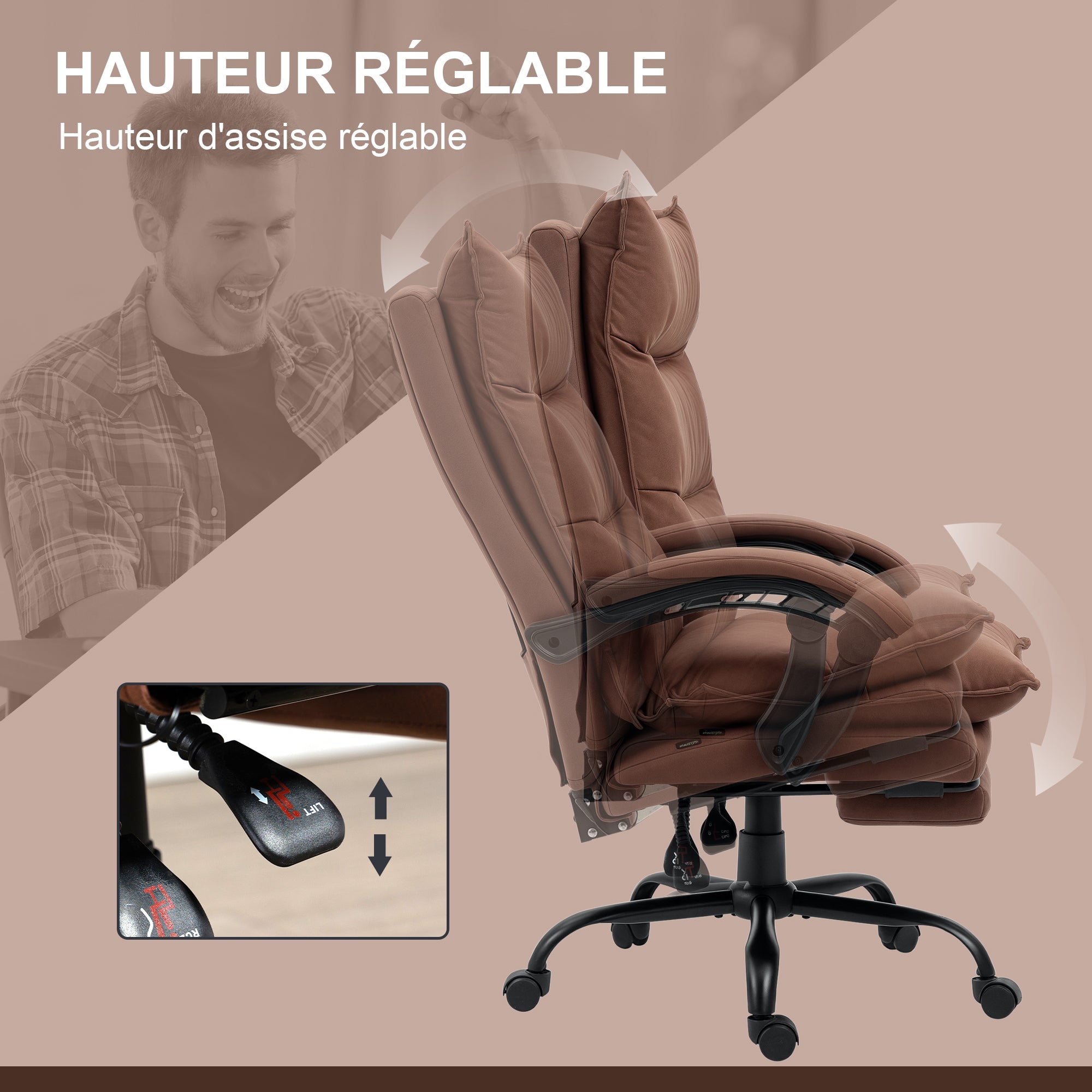 Fauteuil de bureau massant et chauffant, chaise de bureau, chaise ergonomique avec hauteur réglable, dossier inclinable et télécommande filaire, pivotant à 360°, tissu en microfibre, marron