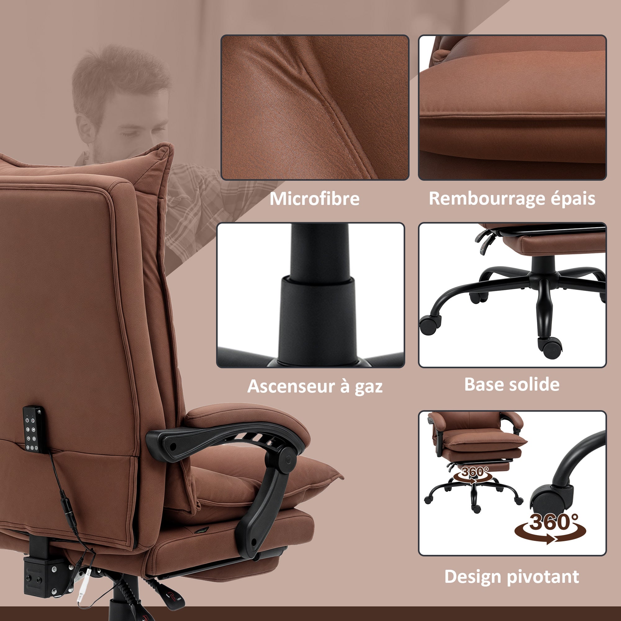 Fauteuil de bureau massant et chauffant, chaise de bureau, chaise ergonomique avec hauteur réglable, dossier inclinable et télécommande filaire, pivotant à 360°, tissu en microfibre, marron