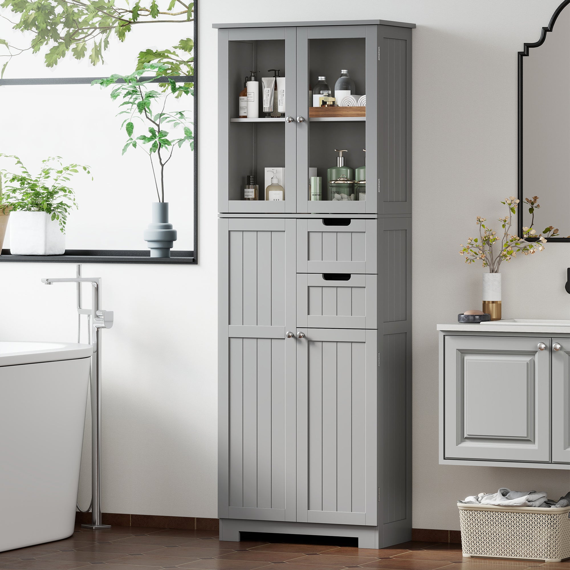 Meuble de salle de bain haut, meuble de rangement, colonne salle de bain avec 4 portes dont 2 vitrées, 2 tiroirs et étagères réglables, style moderne, pour salon, chambre, 60x30x170cm, blanc