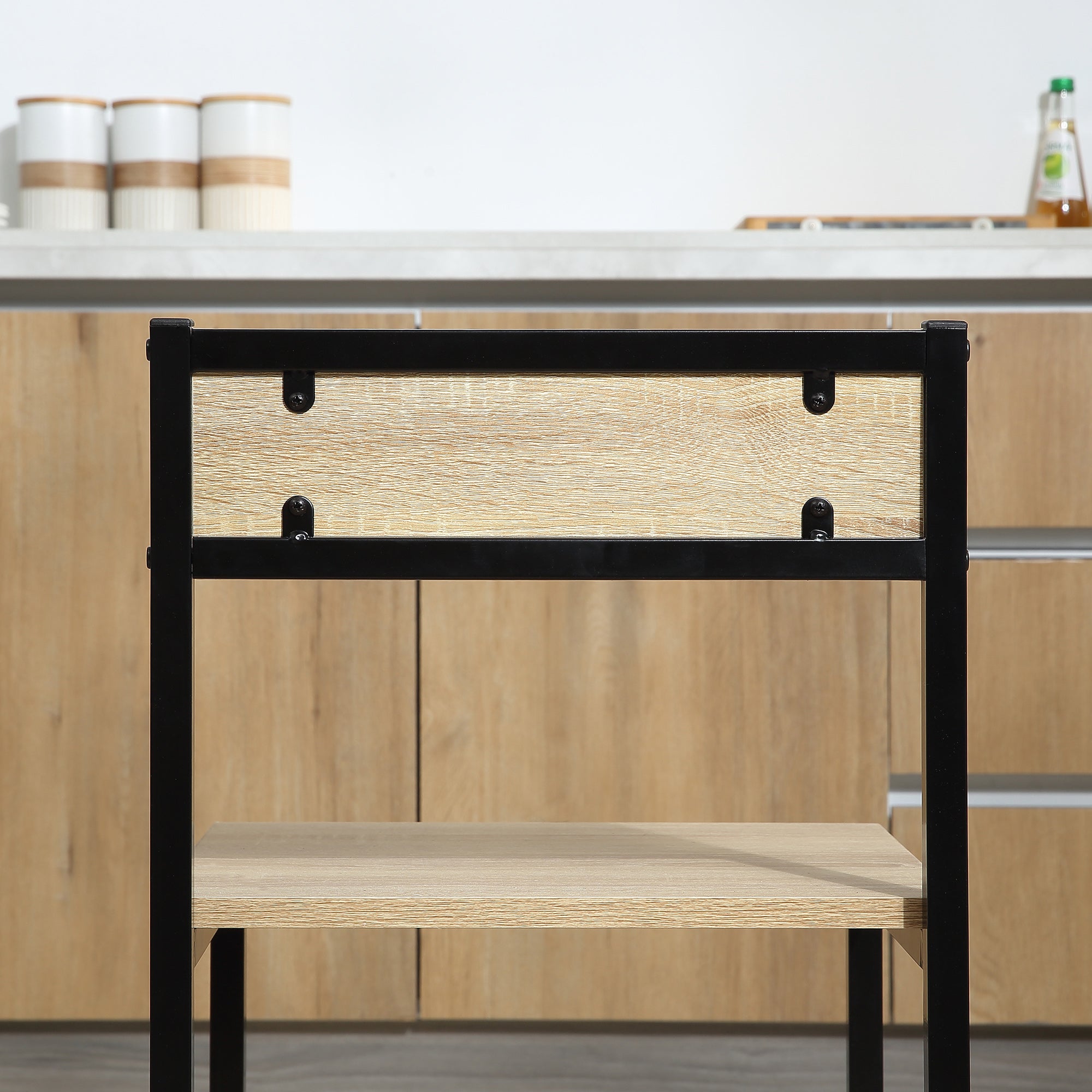 Ensemble Table et chaises de Salle à manger Set de 1 Table + 2 chaises encastrables pour Cuisine - métal Noir Aspect chêne Clair