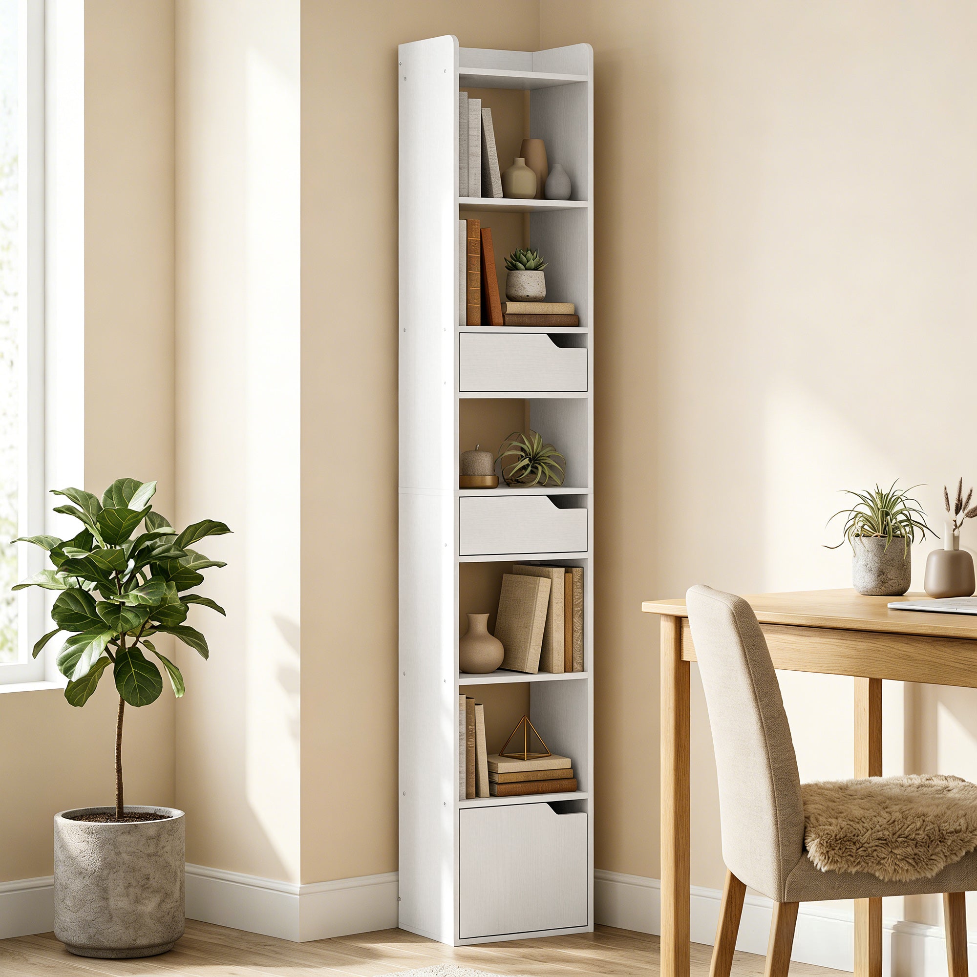 Bibliothèque étagère de rangement, étagère à livres étroite 32 x 24 x 181,5 cm avec porte, 2 tiroirs, compartiments ouverts, meuble de rangement pour salon, chambre, bureau, blanc