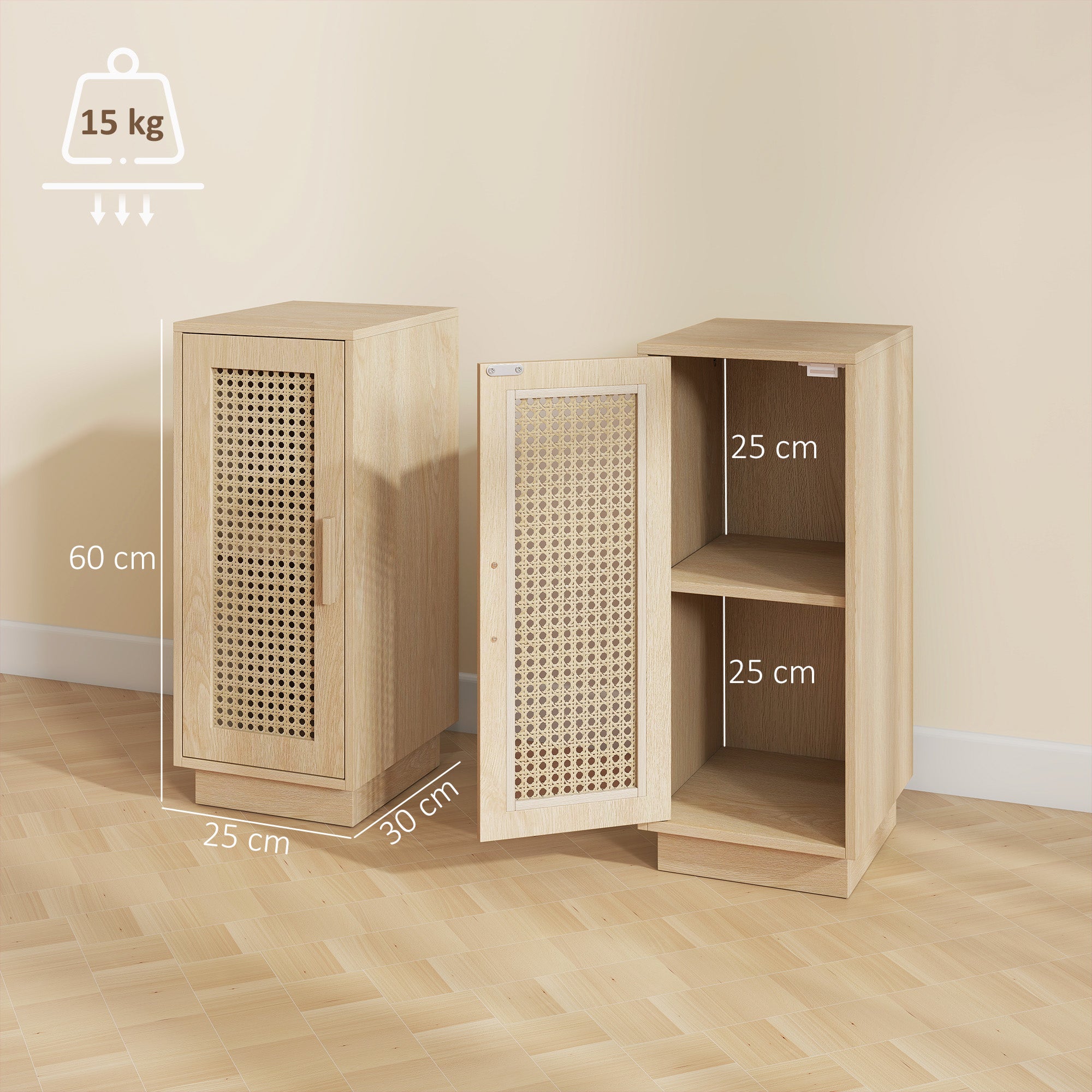 Lot de 2 Tables de Chevet, Tables de Nuit avec Étagère Réglable et Porte en Résine Tressée, Style Bohème, pour Chambre à Coucher, Salon, Bois Naturel