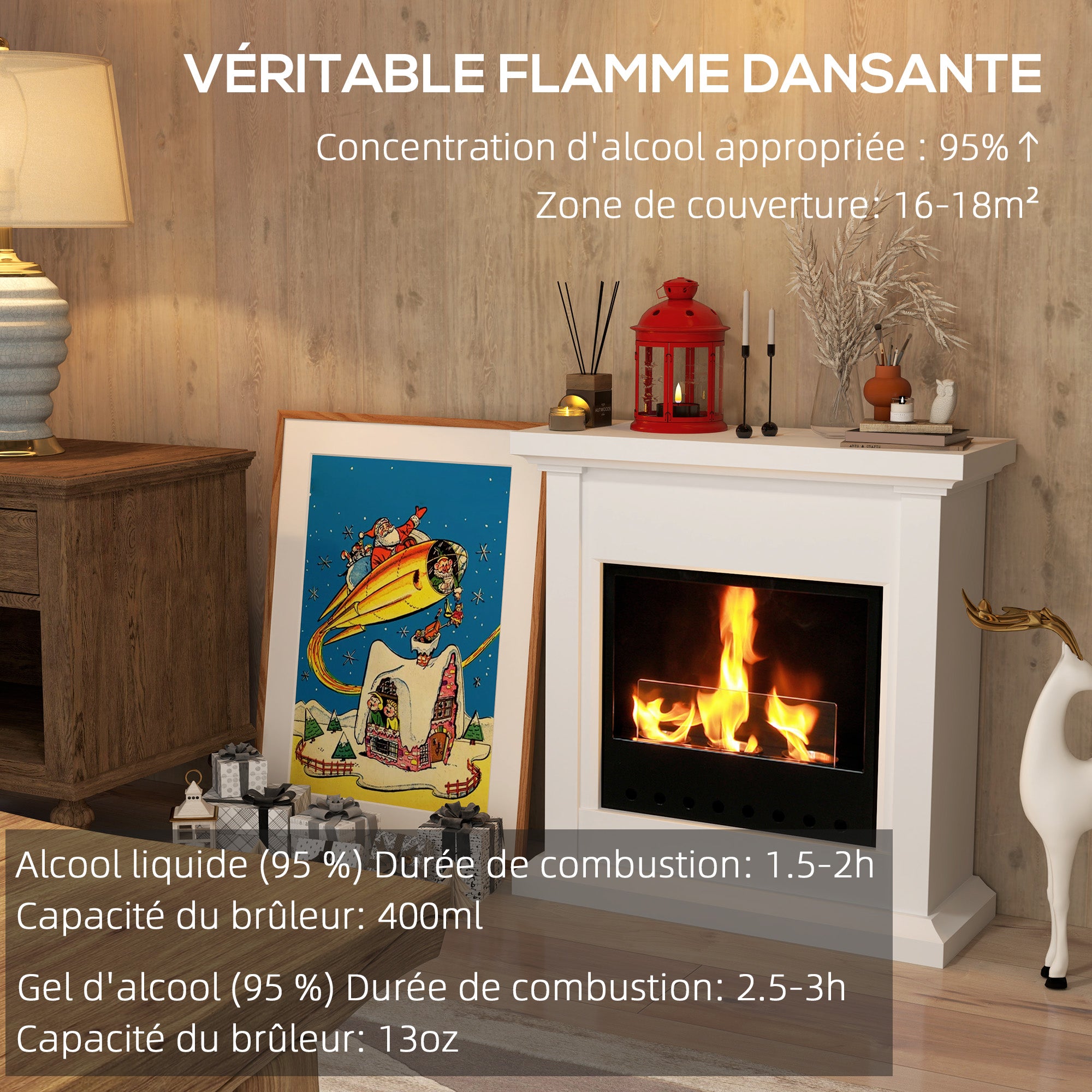 Cheminée au bioéthanol, cheminée éthanol, brûleur 400 ml, durée de combustion de 3 heures, avec verre de protection, poêle bio à poser au sol, couverture 16-18 m², blanc