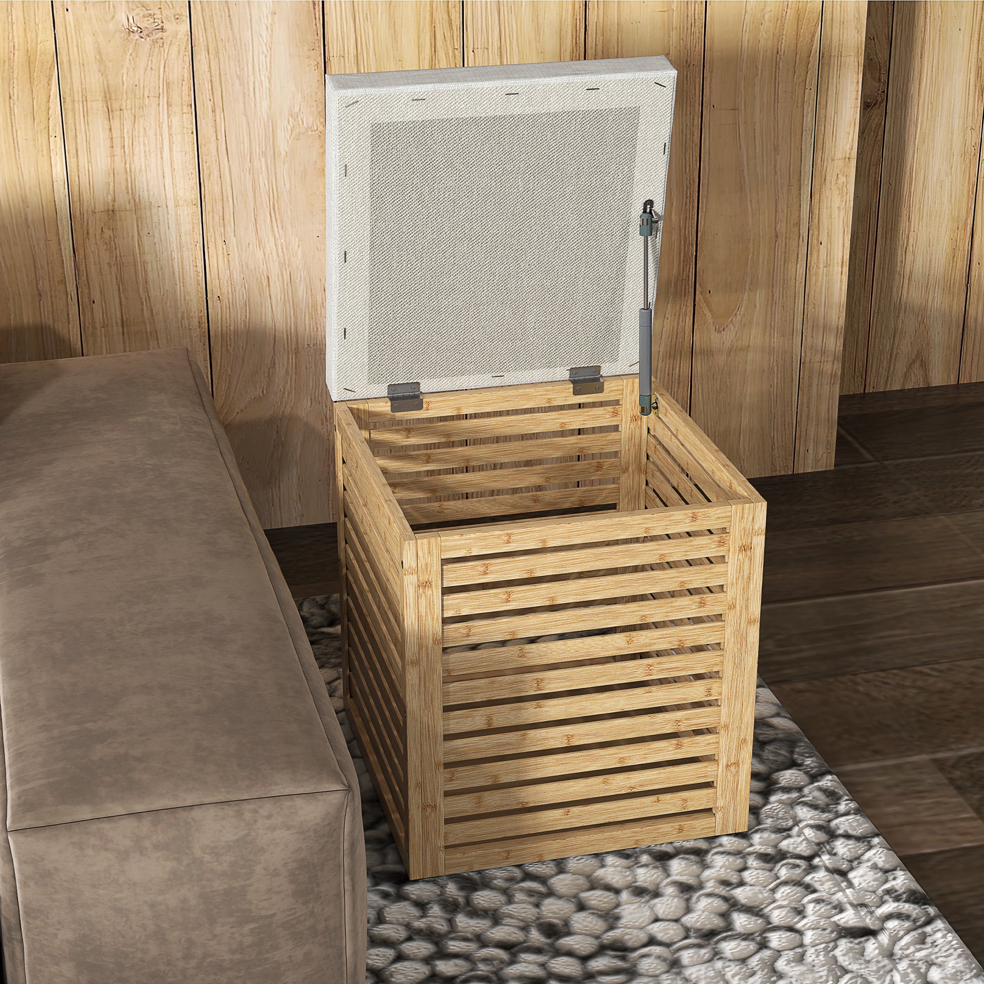 Coffre de rangement, tabouret de rangement de 54.76 L, design lamellé, cadre en bambou naturel, charge jusqu'à 120 kg, 40 x 40 x 47 cm, bois naturel