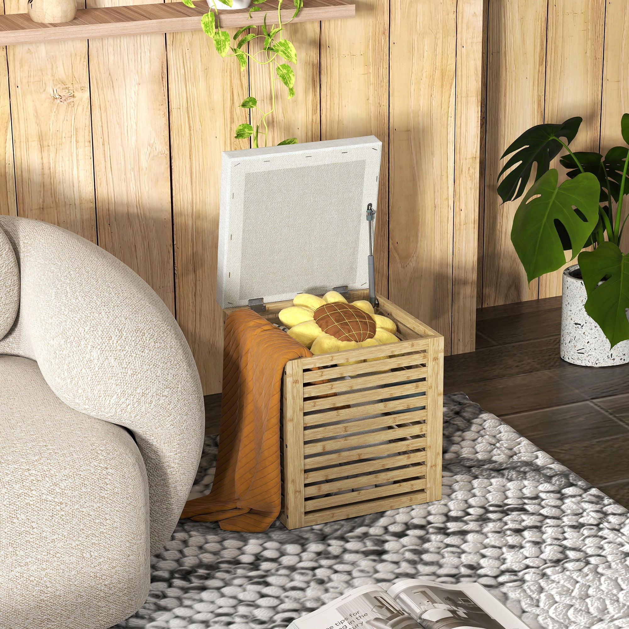 Coffre de rangement, tabouret de rangement de 54.76 L, design lamellé, cadre en bambou naturel, charge jusqu'à 120 kg, 40 x 40 x 47 cm, bois naturel