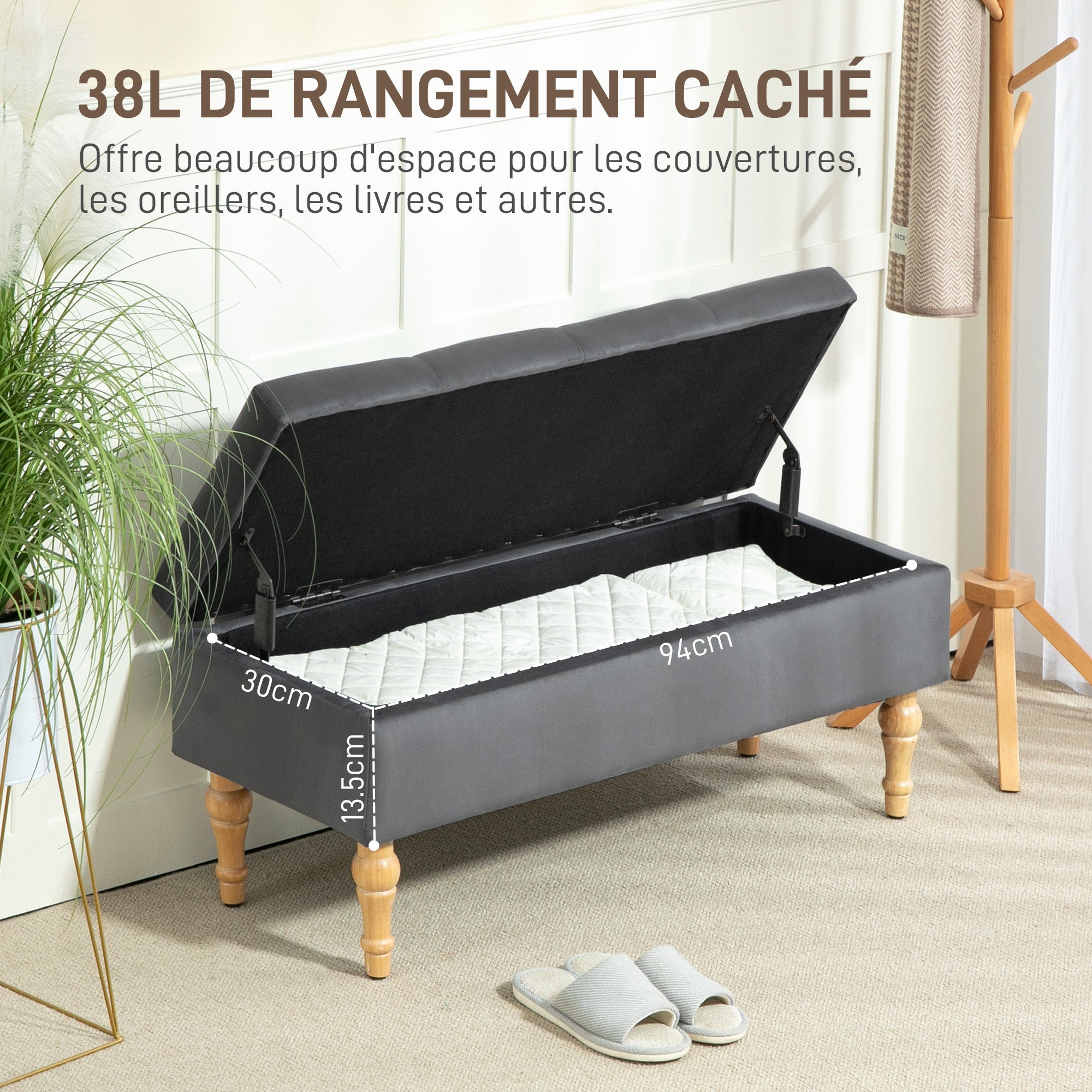 Banc coffre rangement 2 en 1 banquette en velours banc de rangement 38L style médiéval avec couvercle à charnière capitonné et pieds en bois pour couloir, salon, chambre, 102 x 38 x 41 cm, gris