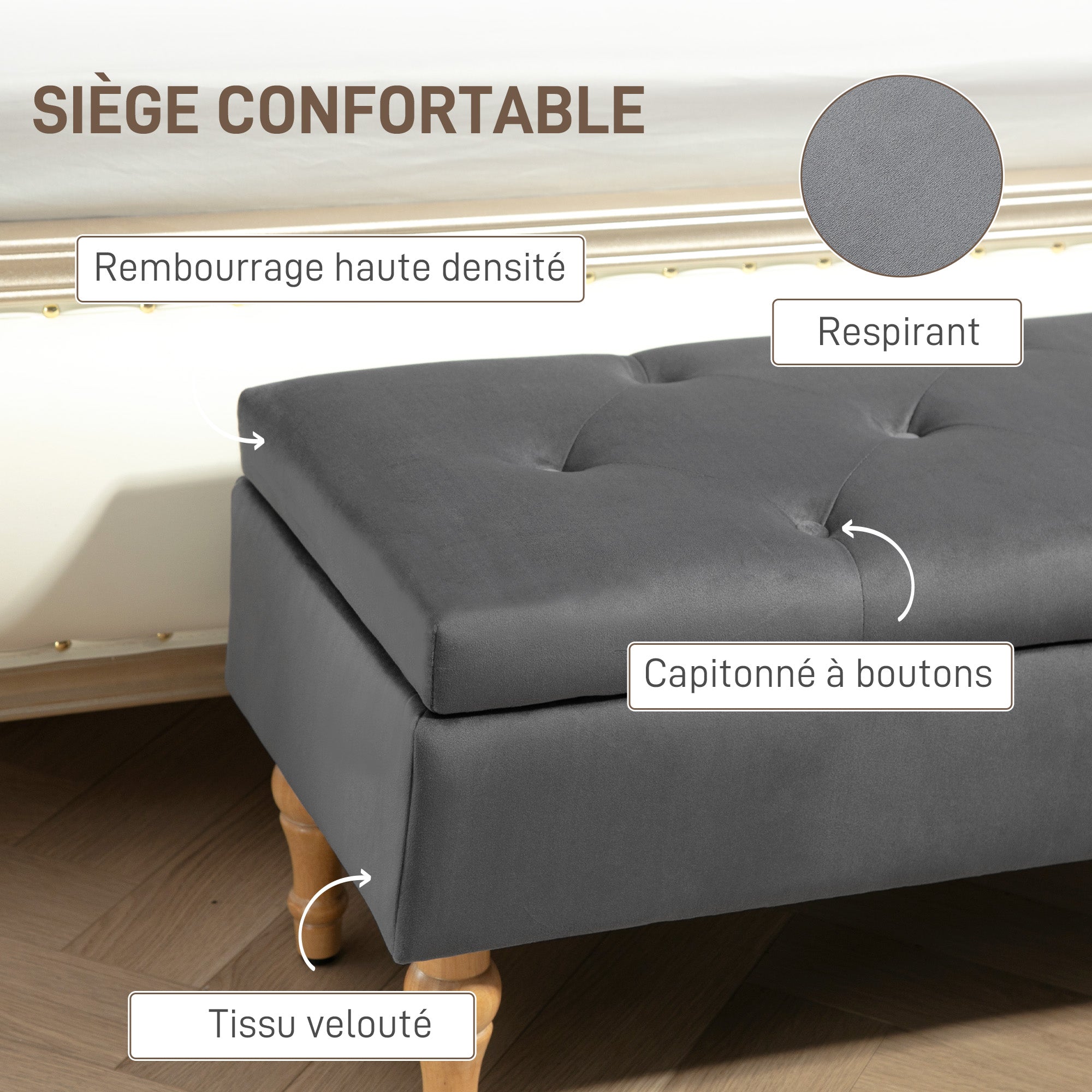Banc coffre rangement 2 en 1 banquette en velours banc de rangement 38L style médiéval avec couvercle à charnière capitonné et pieds en bois pour couloir, salon, chambre, 102 x 38 x 41 cm, gris