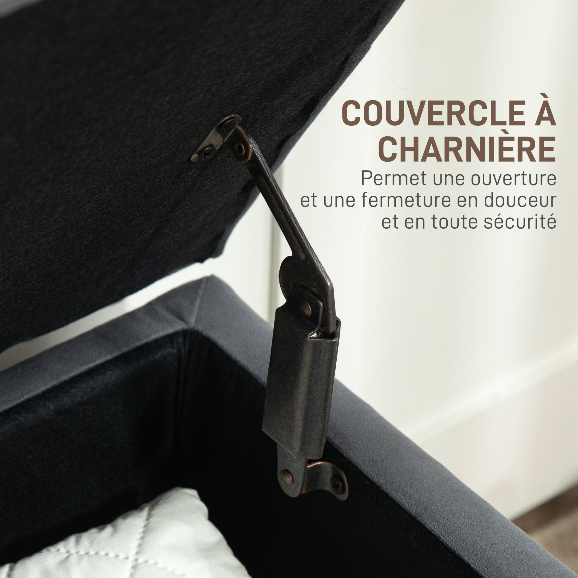 Banc coffre rangement 2 en 1 banquette en velours banc de rangement 38L style médiéval avec couvercle à charnière capitonné et pieds en bois pour couloir, salon, chambre, 102 x 38 x 41 cm, gris