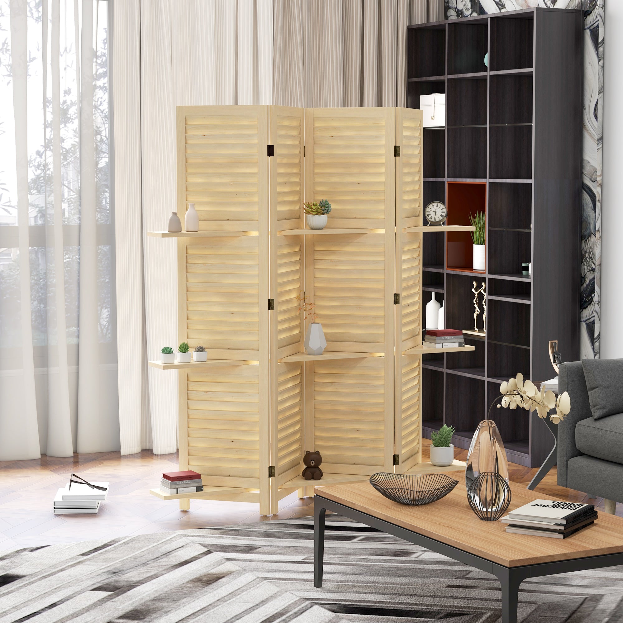 Paravent intérieur en bois 4 panneaux 160 x 170 cm, séparateur de pièce pliable avec 3 étagères, cloison de séparation pour salon, chambre à coucher, maison, naturel