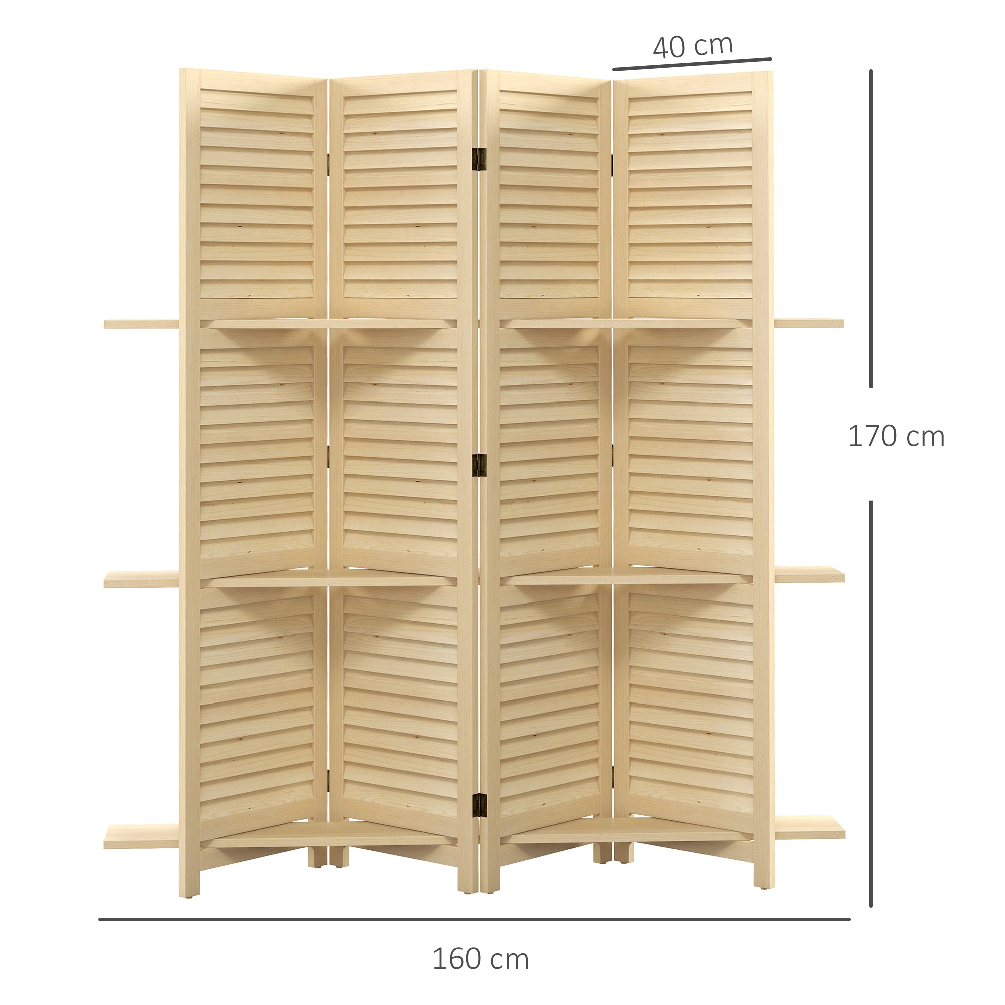 Paravent intérieur en bois 4 panneaux 160 x 170 cm, séparateur de pièce pliable avec 3 étagères, cloison de séparation pour salon, chambre à coucher, maison, naturel