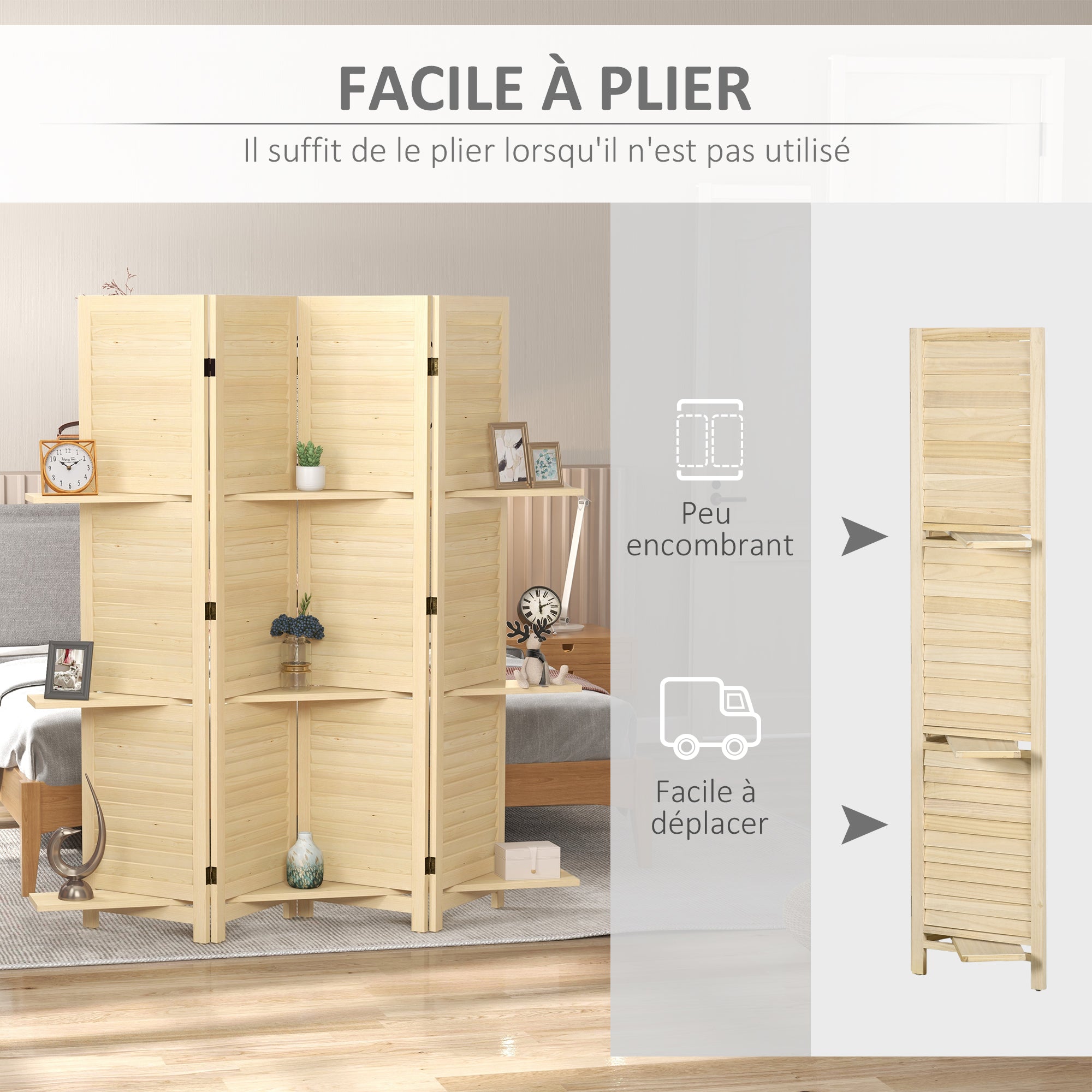 Paravent intérieur en bois 4 panneaux 160 x 170 cm, séparateur de pièce pliable avec 3 étagères, cloison de séparation pour salon, chambre à coucher, maison, naturel