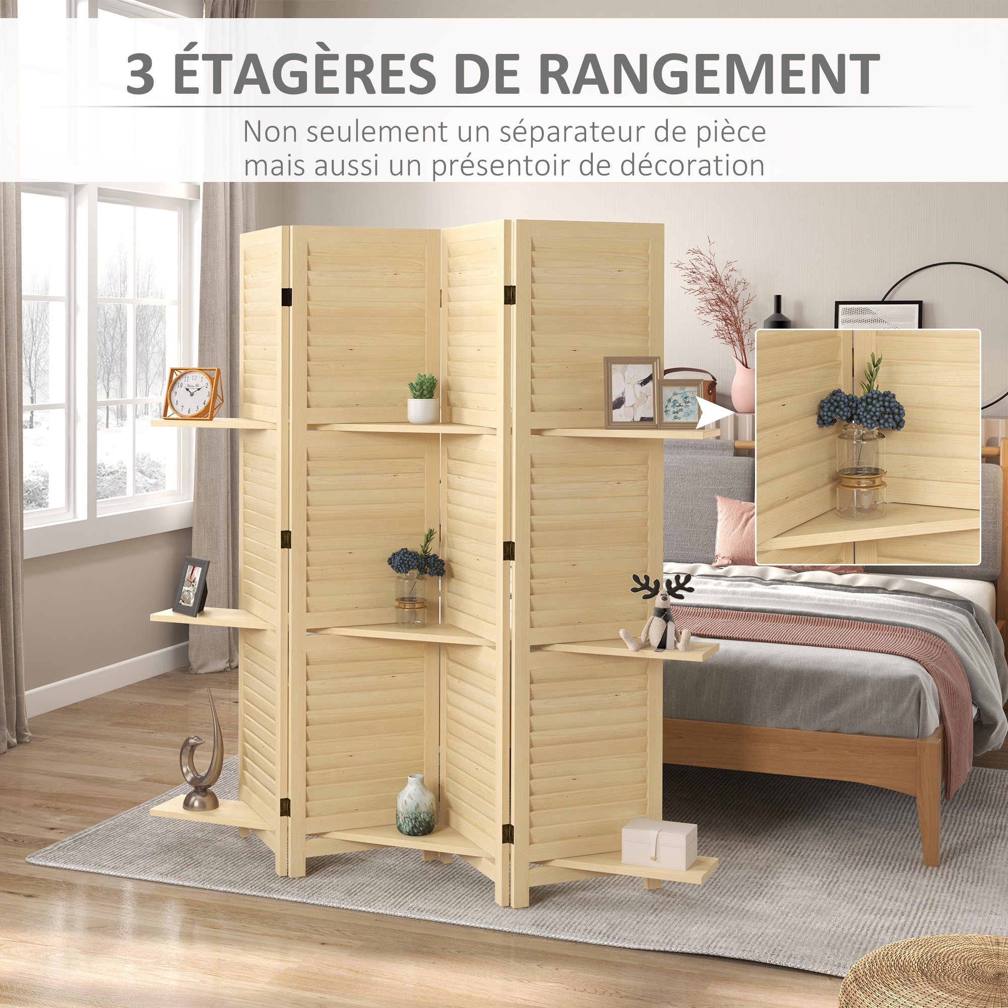 Paravent intérieur en bois 4 panneaux 160 x 170 cm, séparateur de pièce pliable avec 3 étagères, cloison de séparation pour salon, chambre à coucher, maison, naturel