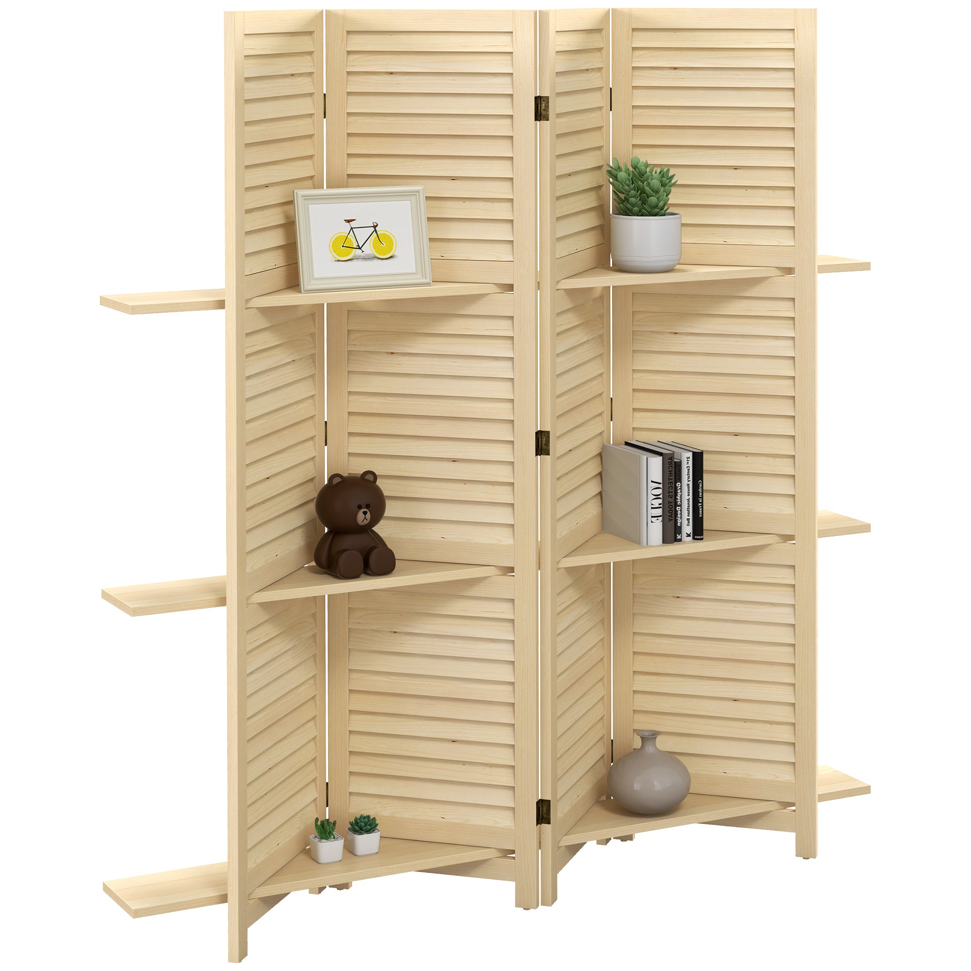 Paravent intérieur en bois 4 panneaux 160 x 170 cm, séparateur de pièce pliable avec 3 étagères, cloison de séparation pour salon, chambre à coucher, maison, naturel