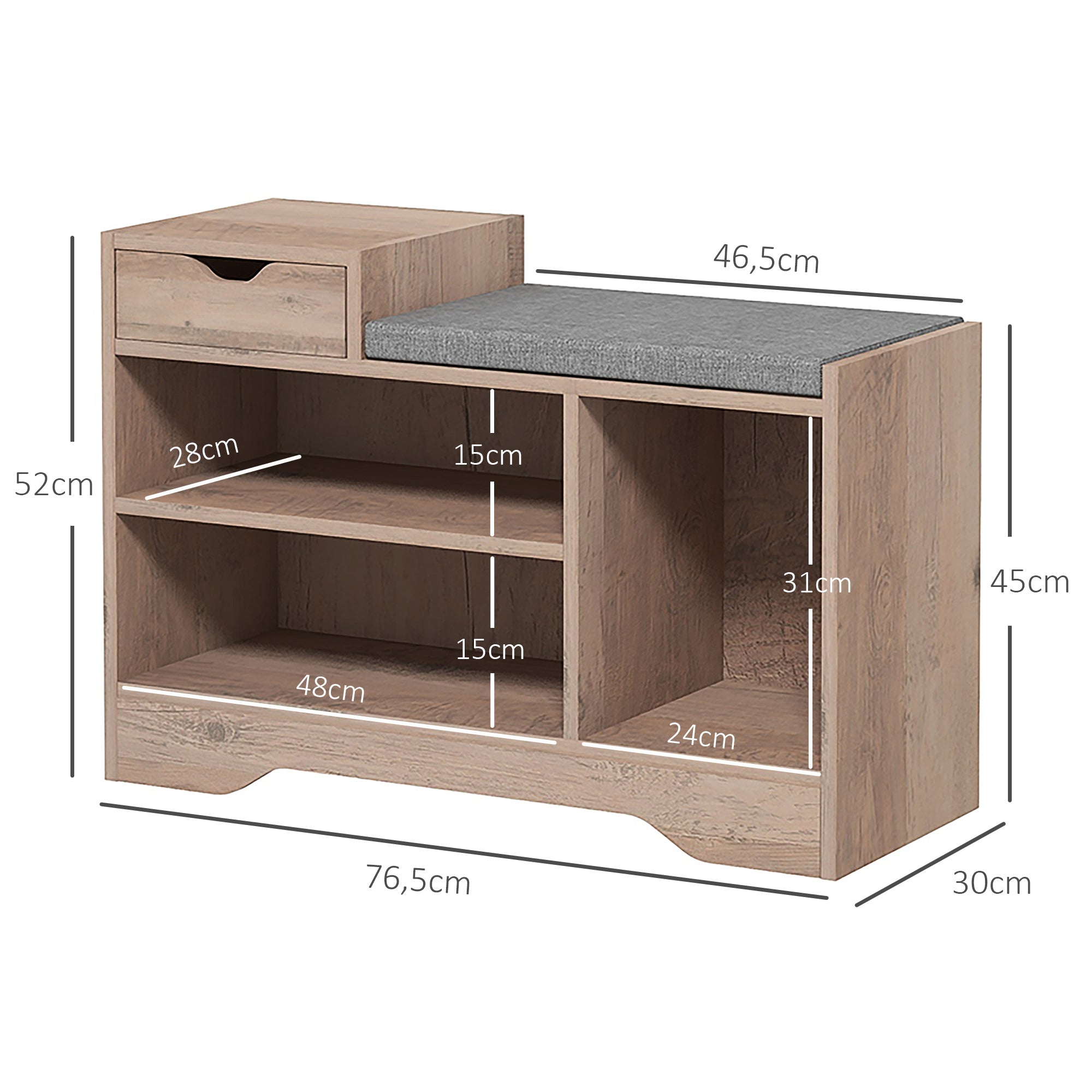Banc à chaussures, banc de rangement, 1 tiroir et 3 compartiments, meuble d'entrée avec coussin rembourrée, pour couloir, entrée, chambre, 76,5 x 30 x 52 cm, gris effet bois