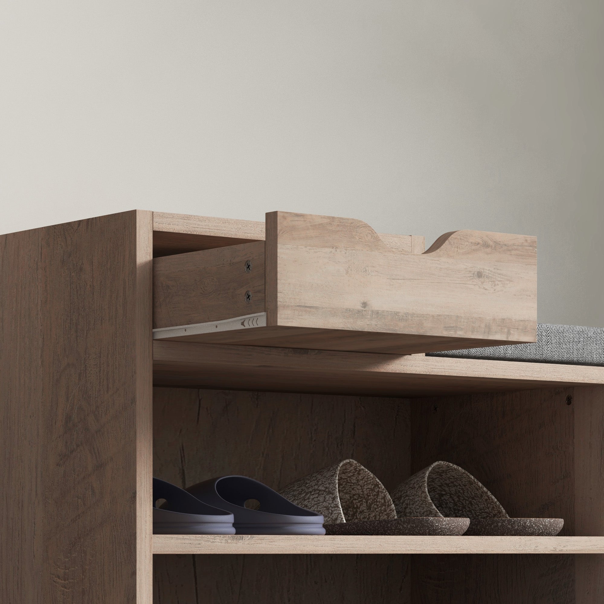 Banc à chaussures, banc de rangement, 1 tiroir et 3 compartiments, meuble d'entrée avec coussin rembourrée, pour couloir, entrée, chambre, 76,5 x 30 x 52 cm, gris effet bois