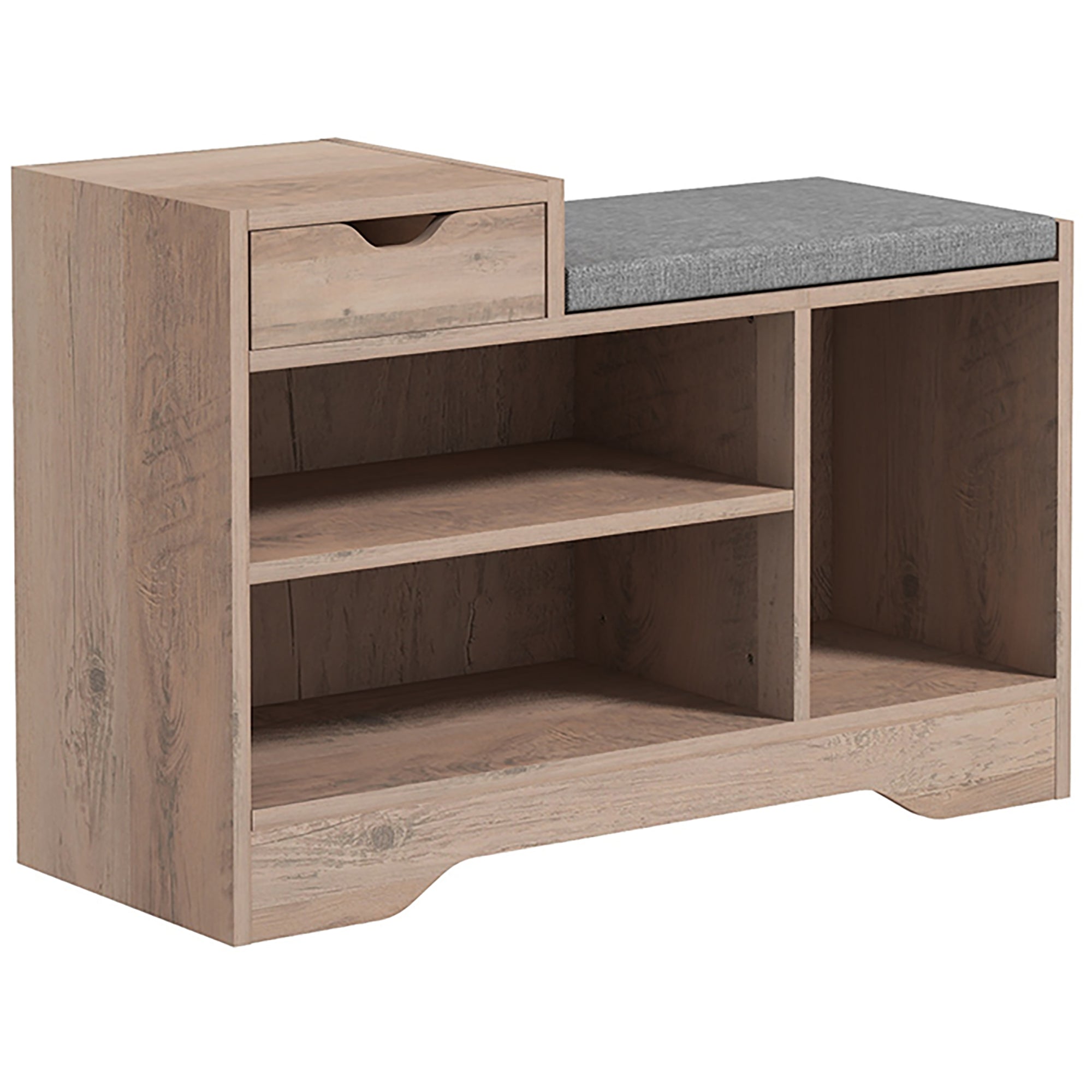 Banc à chaussures, banc de rangement, 1 tiroir et 3 compartiments, meuble d'entrée avec coussin rembourrée, pour couloir, entrée, chambre, 76,5 x 30 x 52 cm, gris effet bois