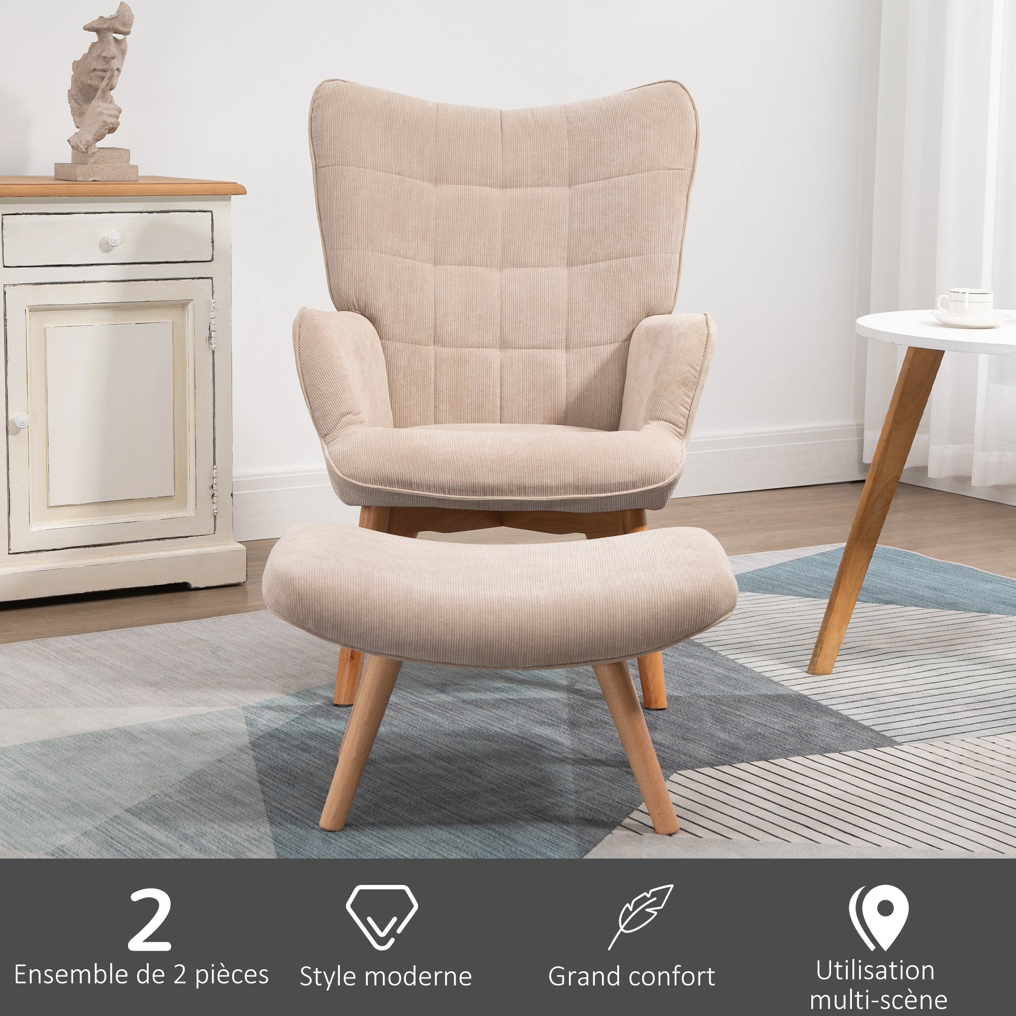 Fauteuil avec repose pied, fauteuil salon avec pieds en bois, dossier haut et tissu aspect velours côtelé, pour salon chambre à coucher beige